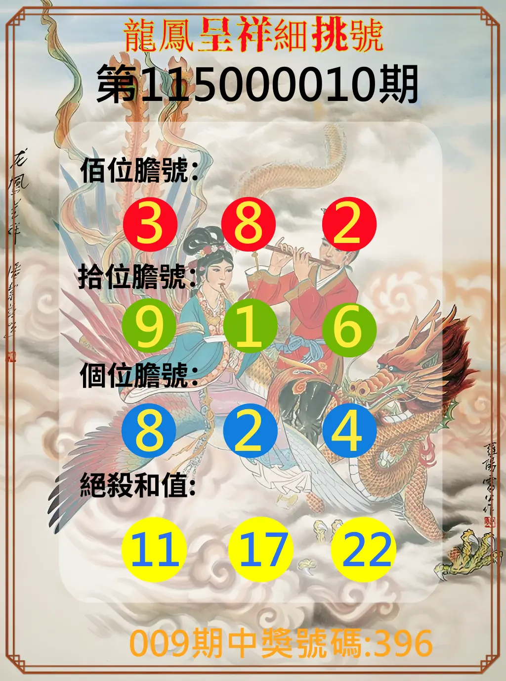 3星彩第115000010期(01/12)龍鳳呈祥細挑號