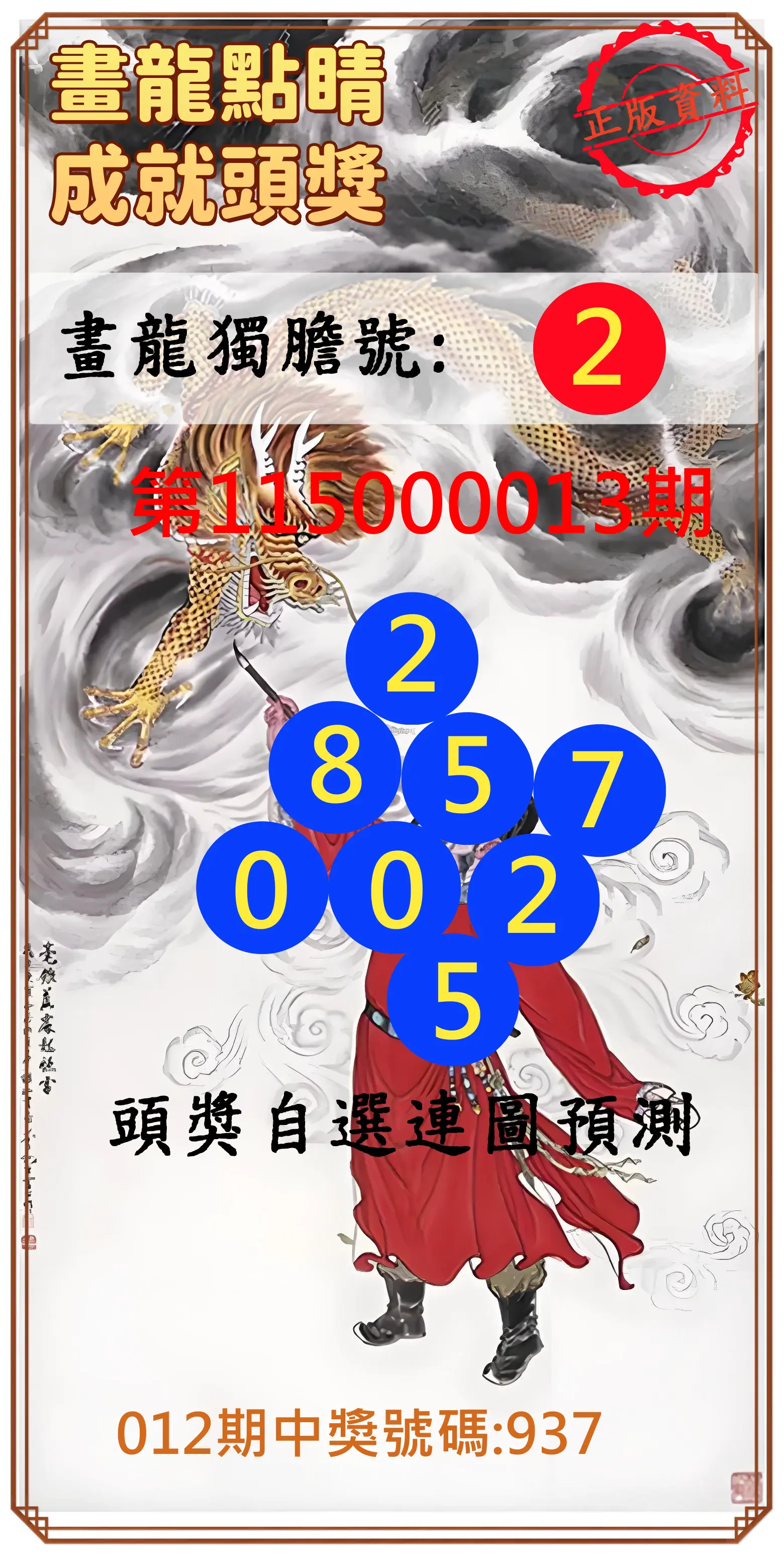 3星彩第115000013期(01/15)畫龍點睛成就頭獎