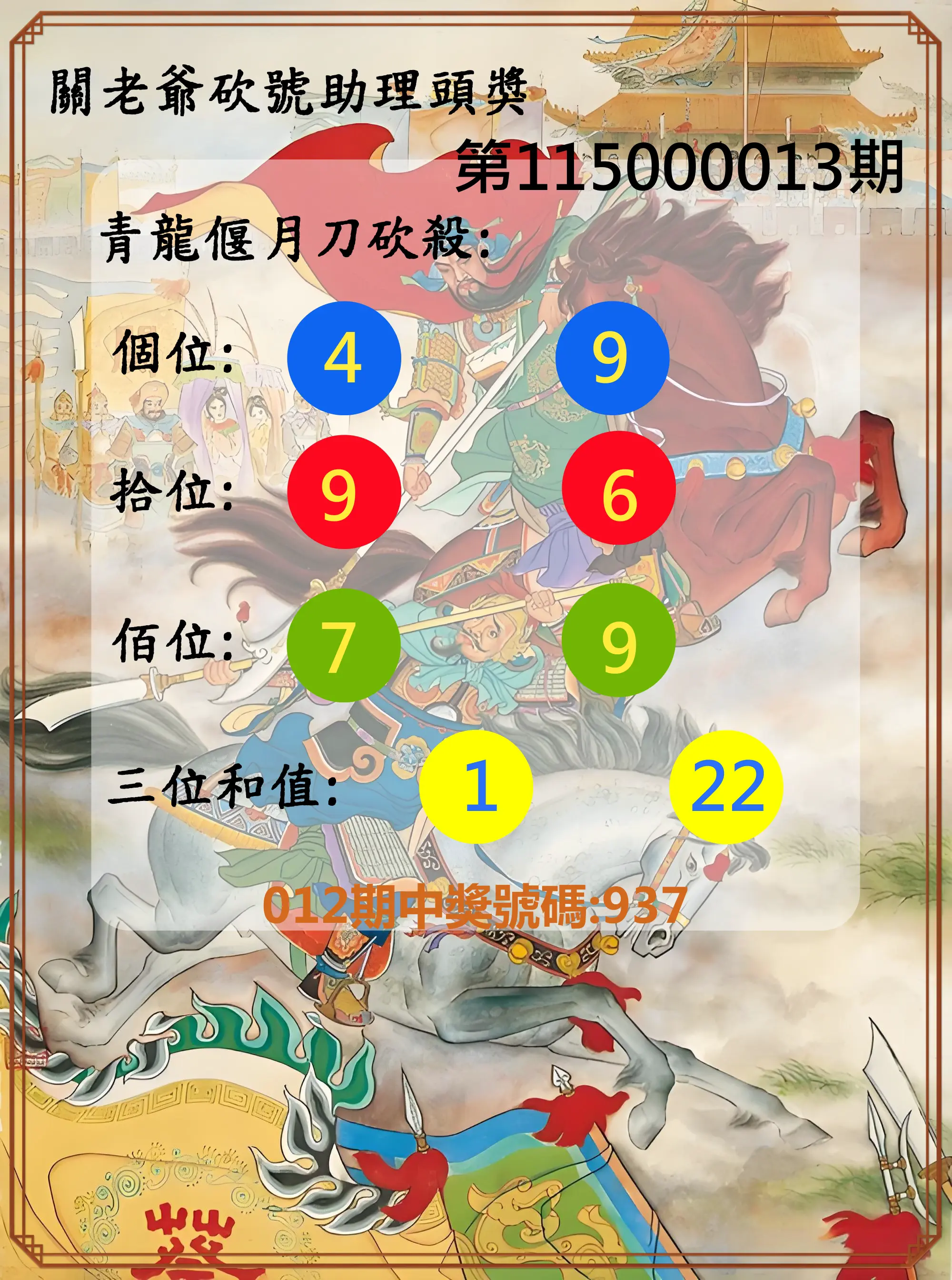 3星彩第115000013期(01/15)關老爺砍號助理頭獎