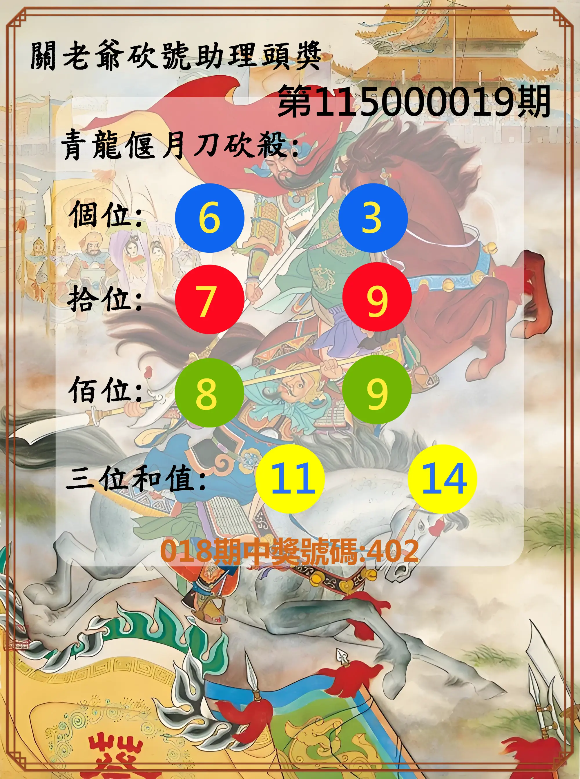 3星彩第115000019期(01/22)關老爺砍號助理頭獎