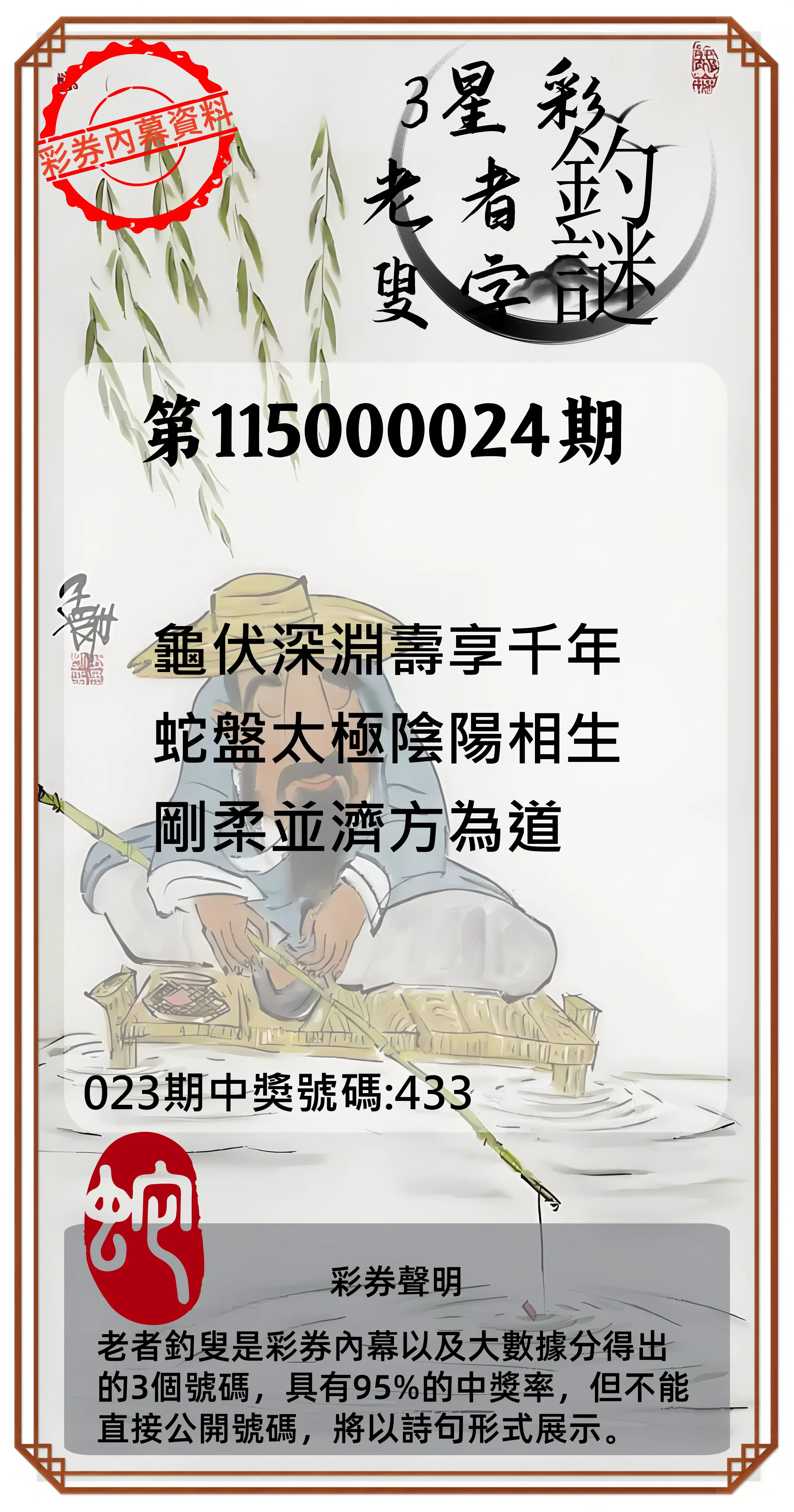 3星彩第115000024期(01/28)老者釣叟頭獎