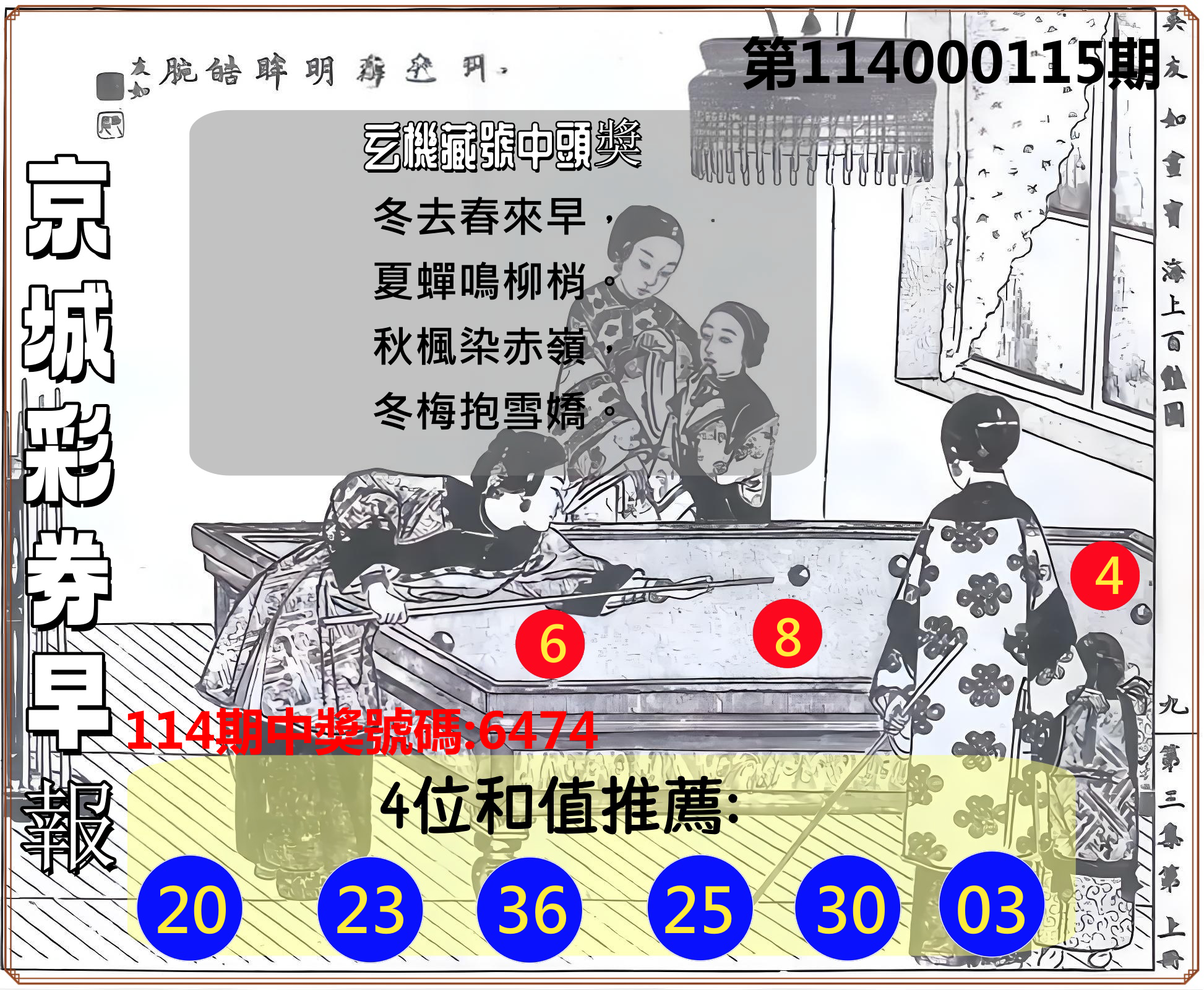 4星彩第114000115期京城彩券早報