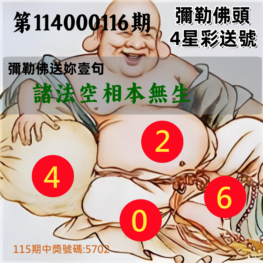 4星彩第114000116期彌勒佛頭4星彩送號