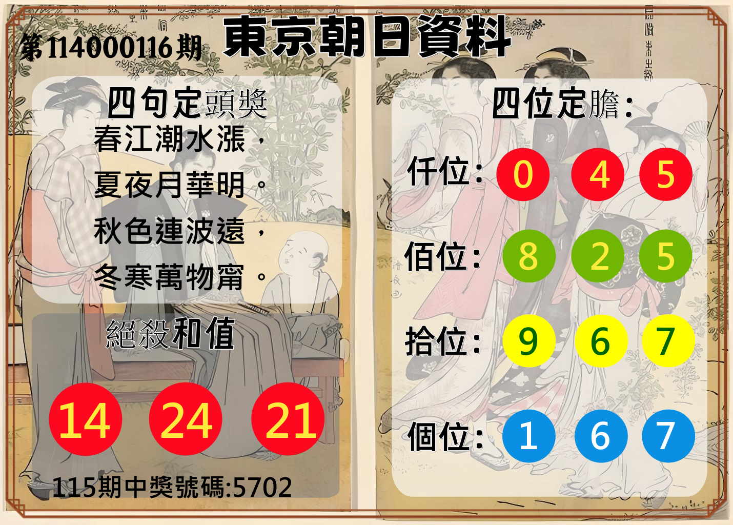 4星彩第114000116期東京朝日資料