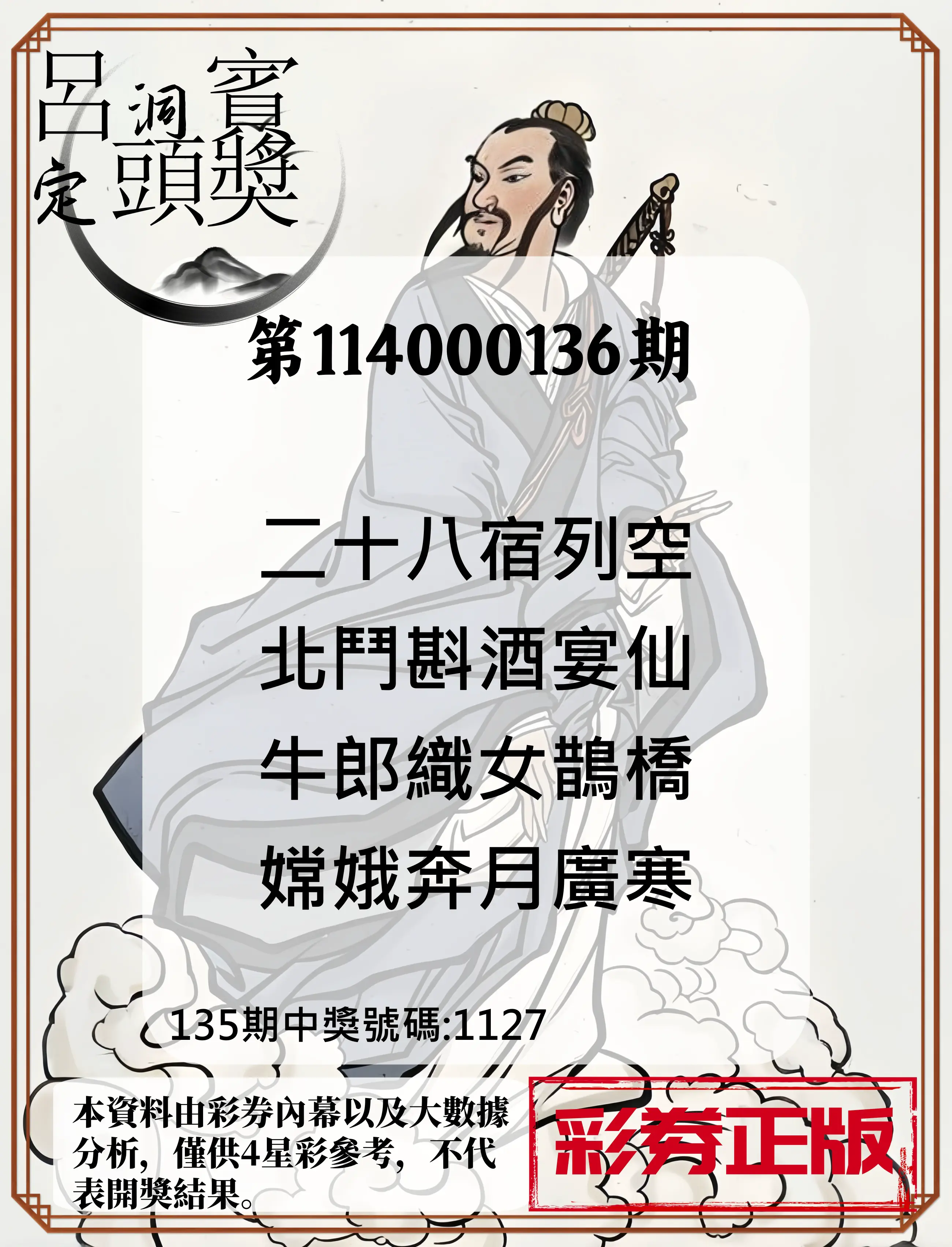 4星彩第114000136期呂洞賓4句定頭獎