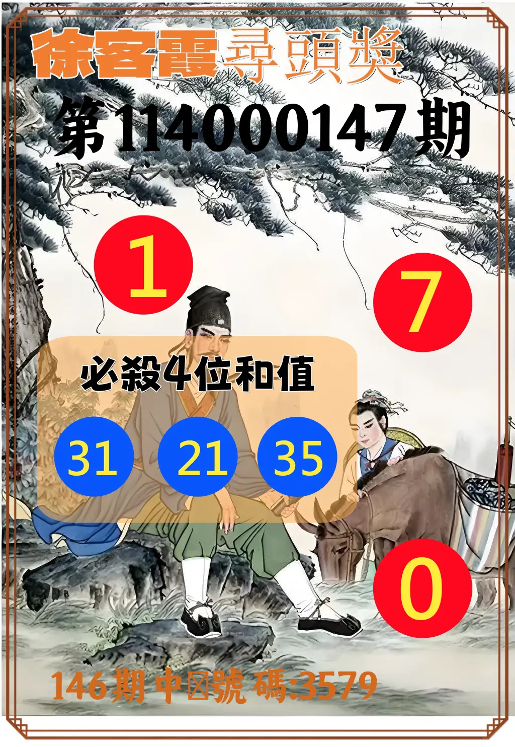 4星彩第114000147期徐客霞尋頭獎