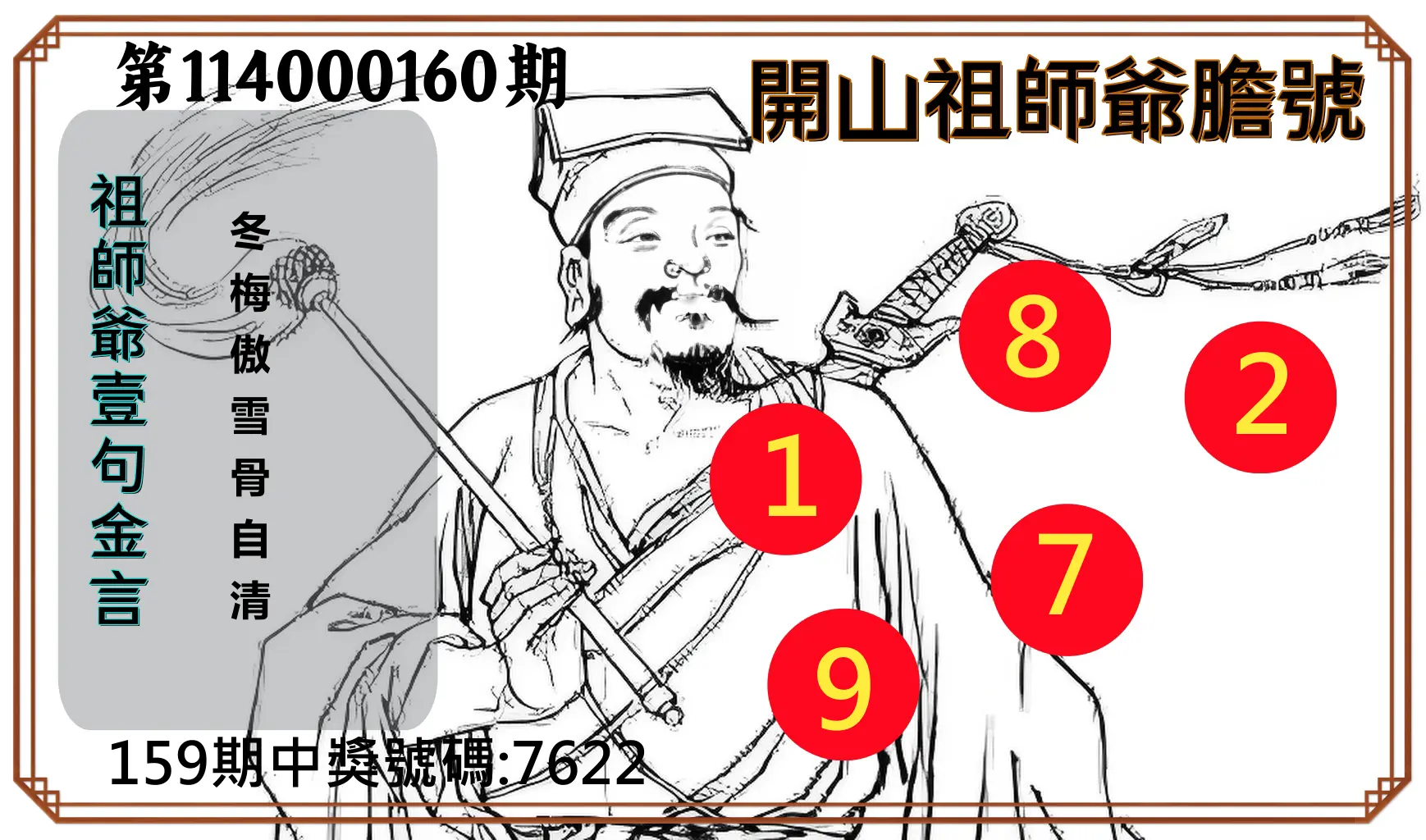 4星彩第114000160期(07/03)開山祖師爺膽號