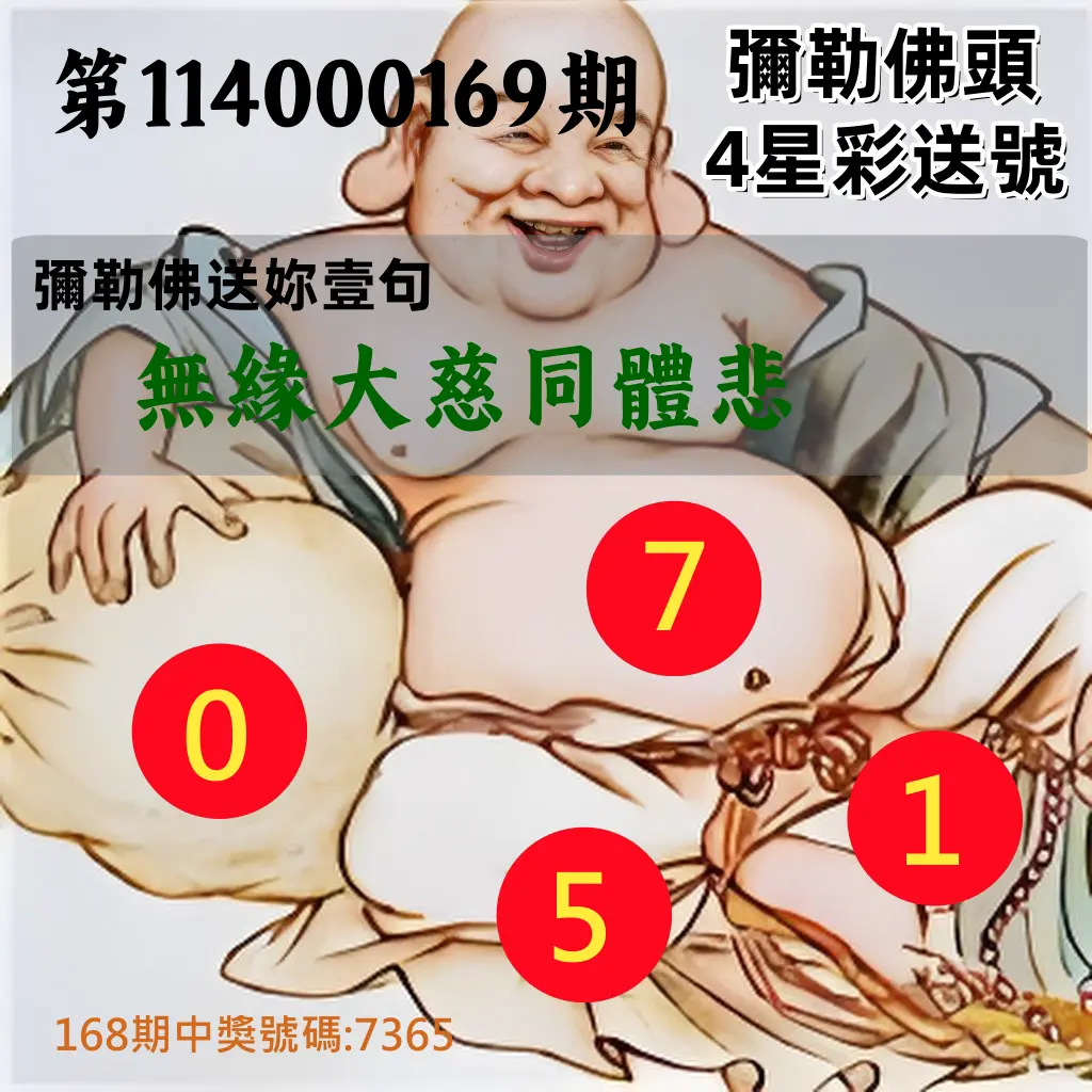 4星彩第114000169期(07/12)彌勒佛頭4星彩送號