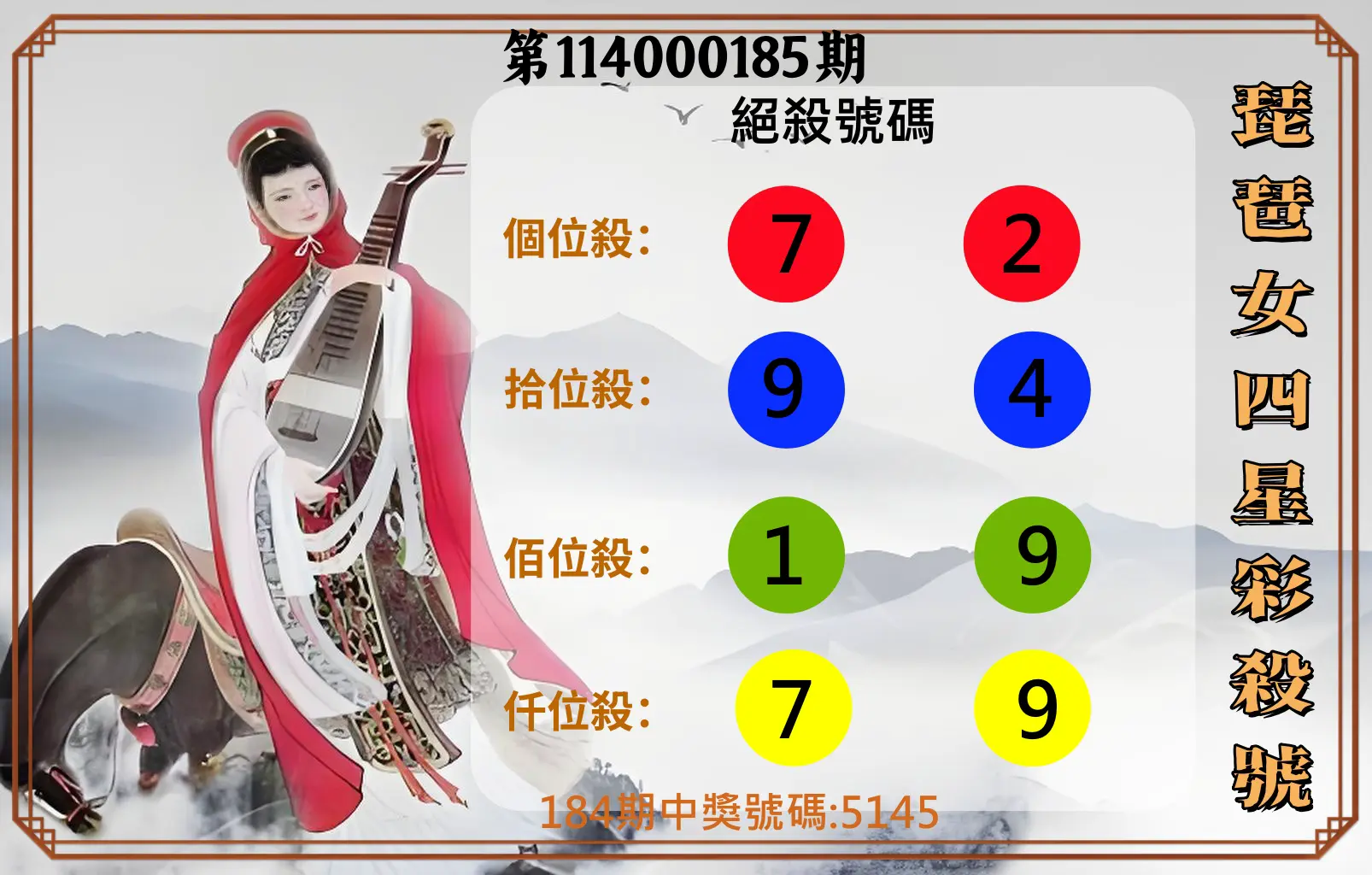 4星彩第114000185期(07/31)琵琶女四星彩殺號