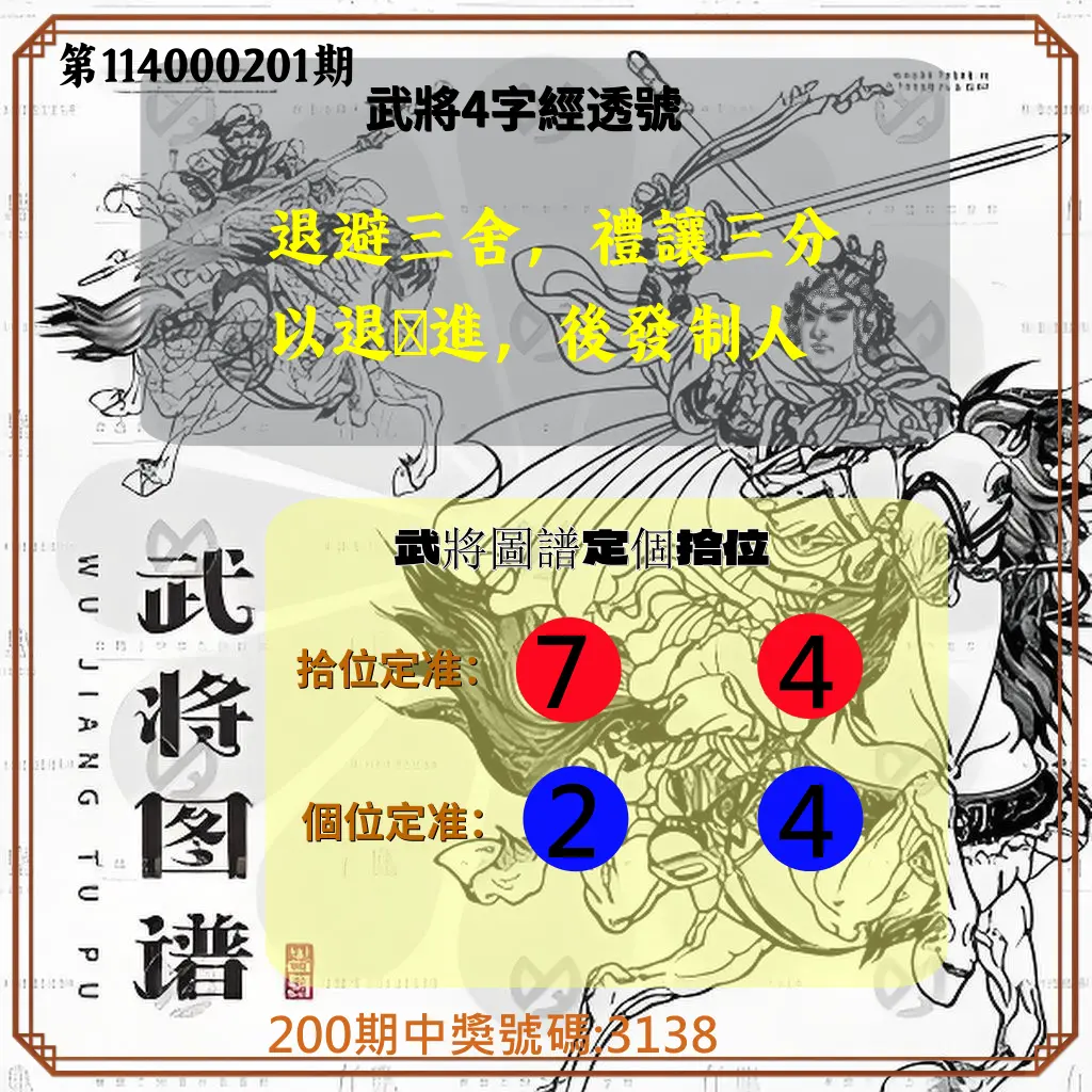 4星彩第114000201期(08/19)武將圖譜