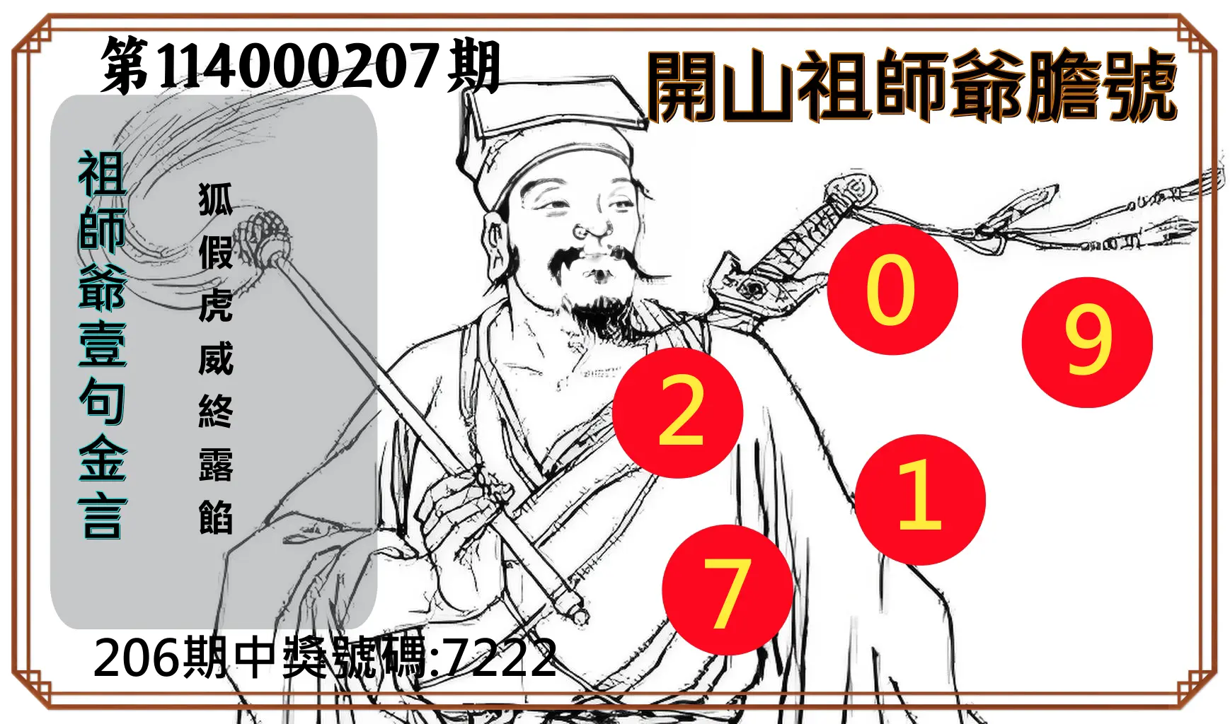 4星彩第114000207期(08/26)開山祖師爺膽號