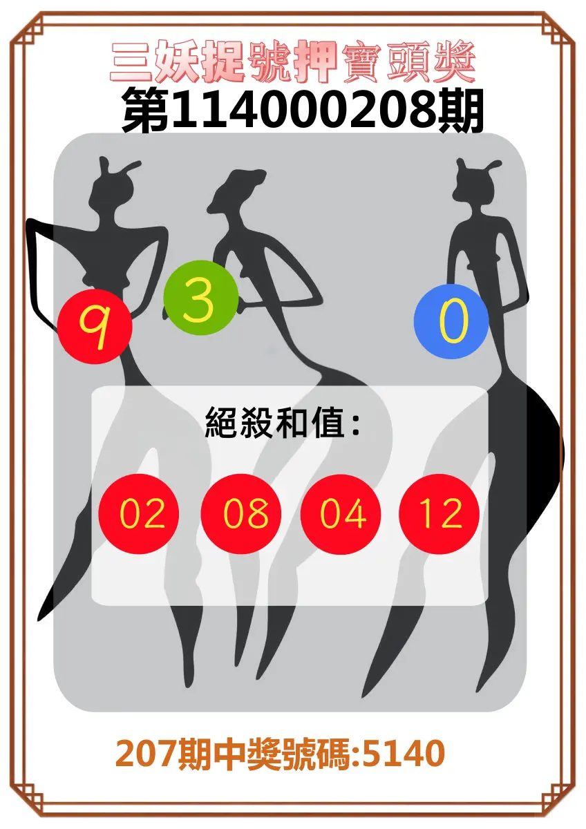 4星彩第114000208期(08/27)三妖捉號押寶頭獎