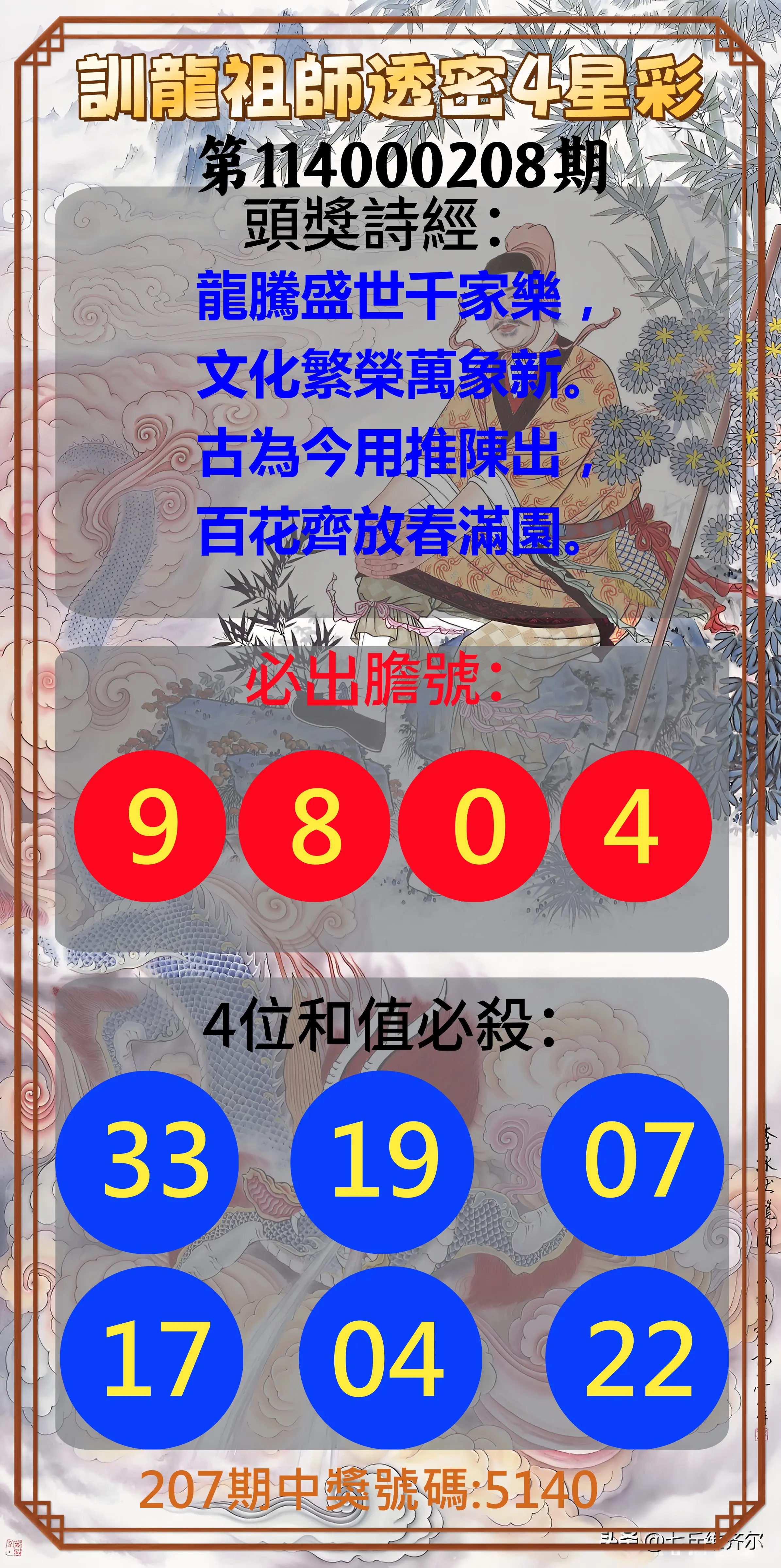 4星彩第114000208期(08/27)訓龍祖師透密4星彩