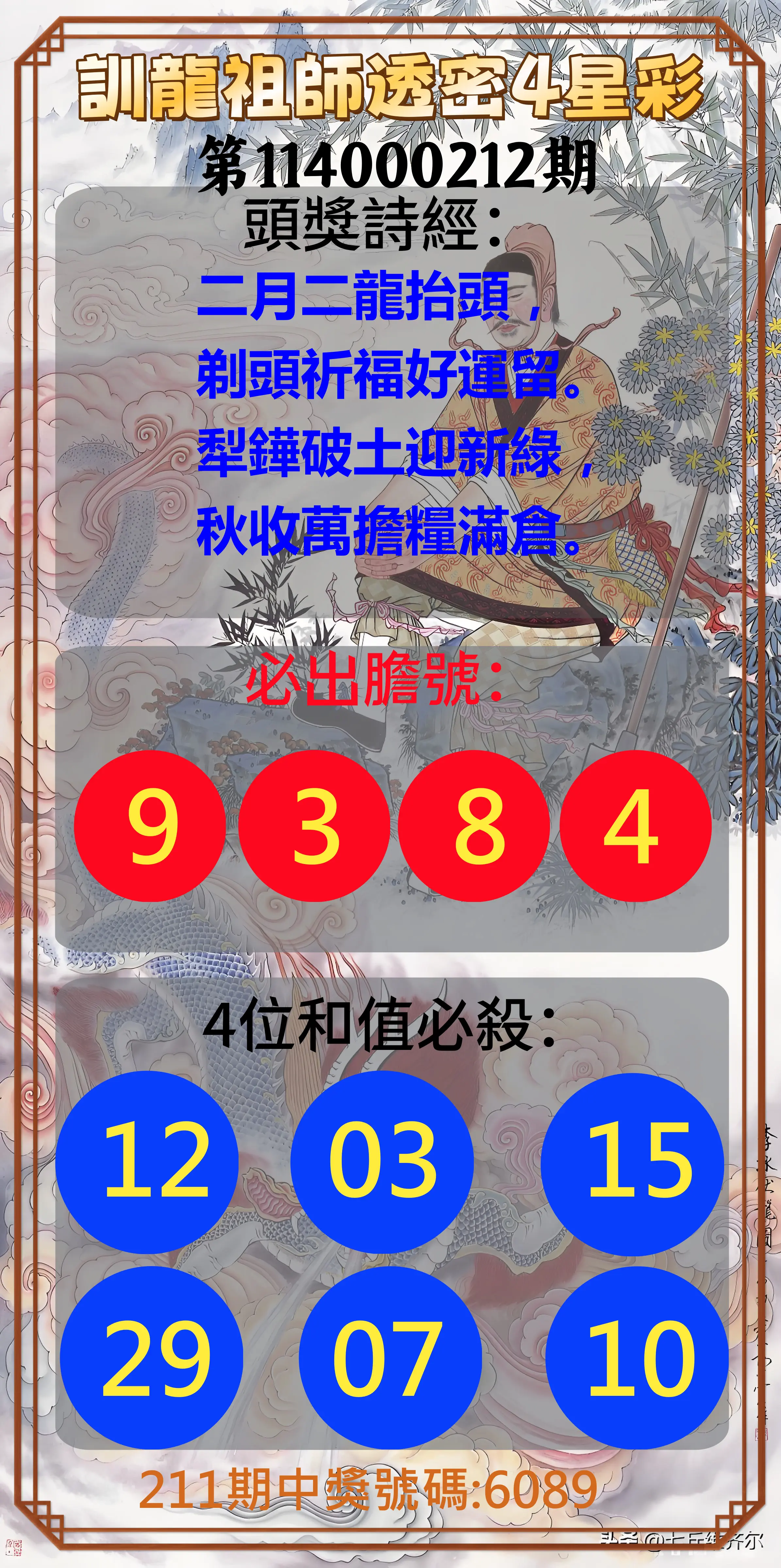 4星彩第114000212期(09/01)訓龍祖師透密4星彩
