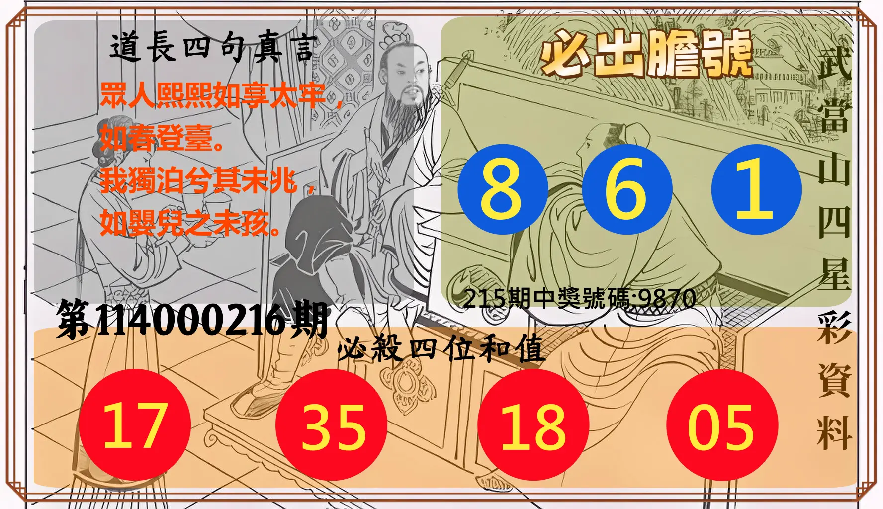 4星彩第114000216期(09/05)武當山四星彩資料