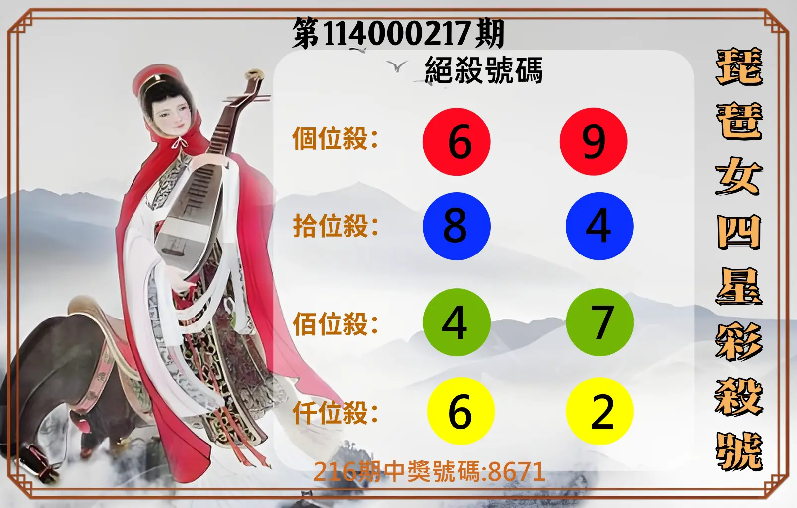 4星彩第114000217期(09/06)琵琶女四星彩殺號