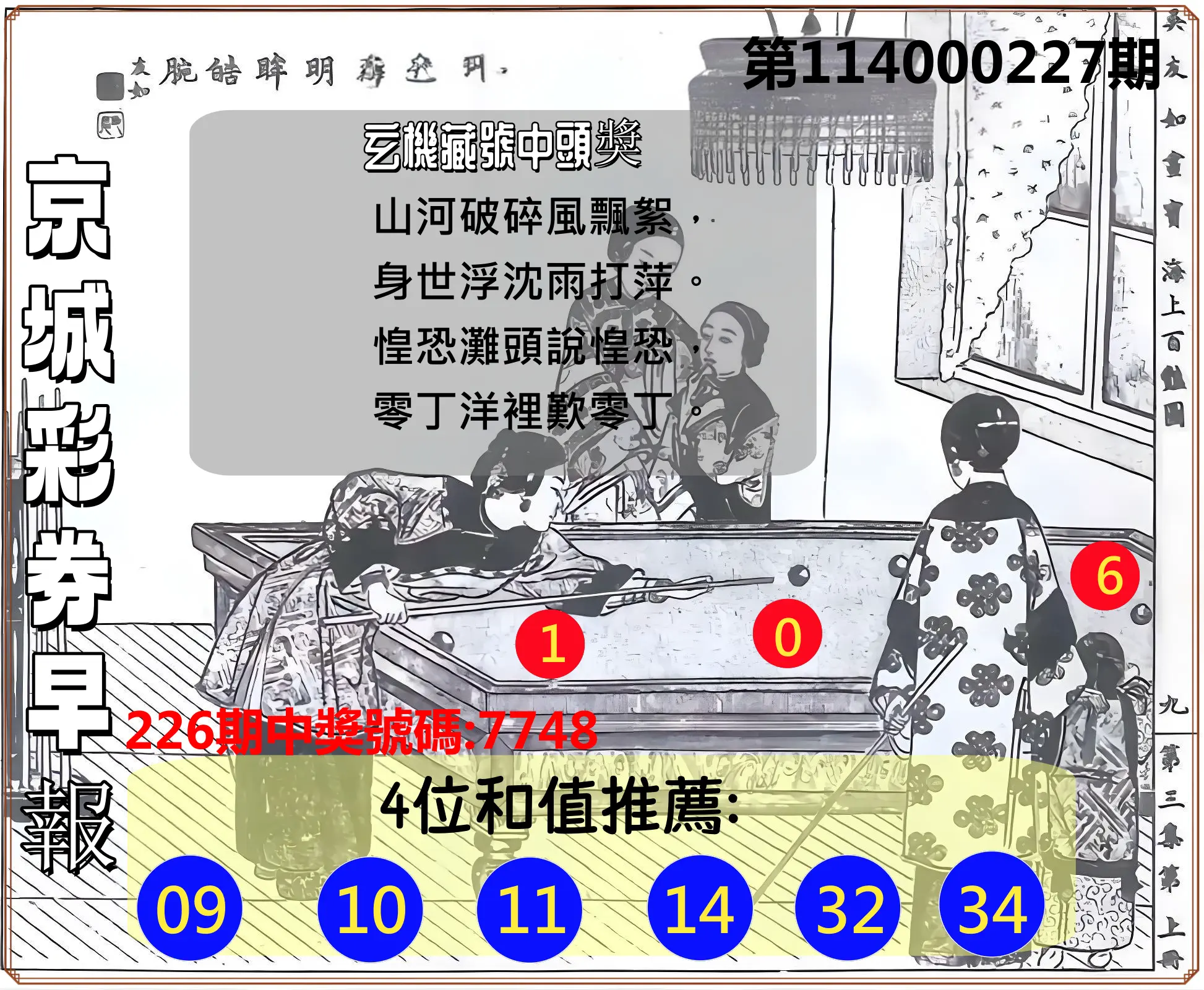 4星彩第114000227期(09/18)京城彩券早報
