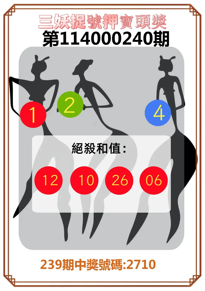 4星彩第114000240期(10/03)三妖捉號押寶頭獎