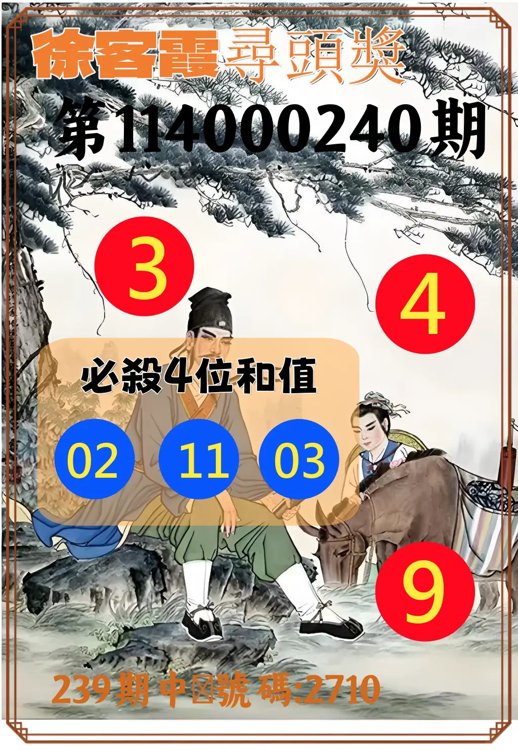 4星彩第114000240期(10/03)徐客霞尋頭獎