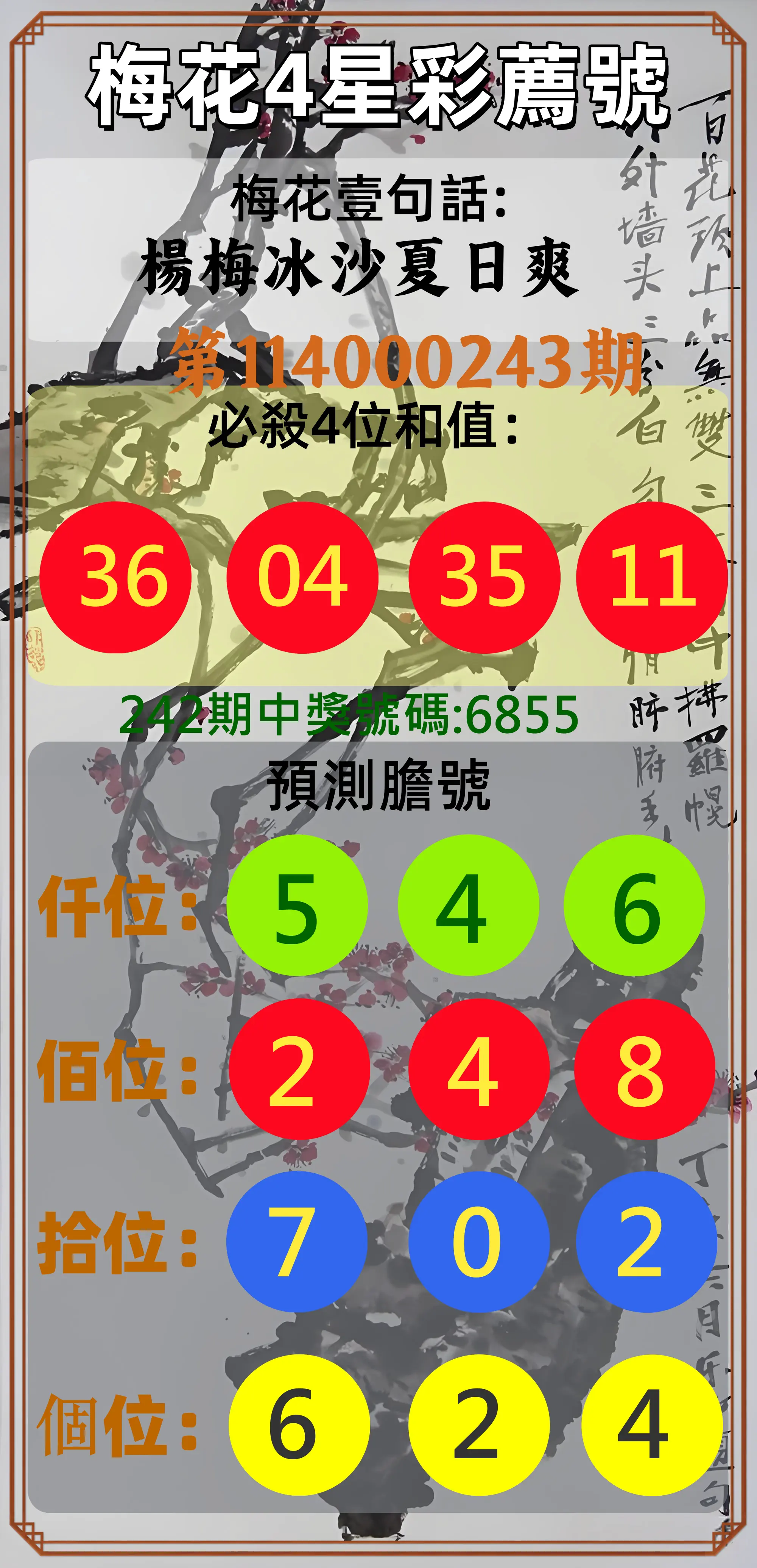 4星彩第114000243期(10/07)梅花4星彩薦號