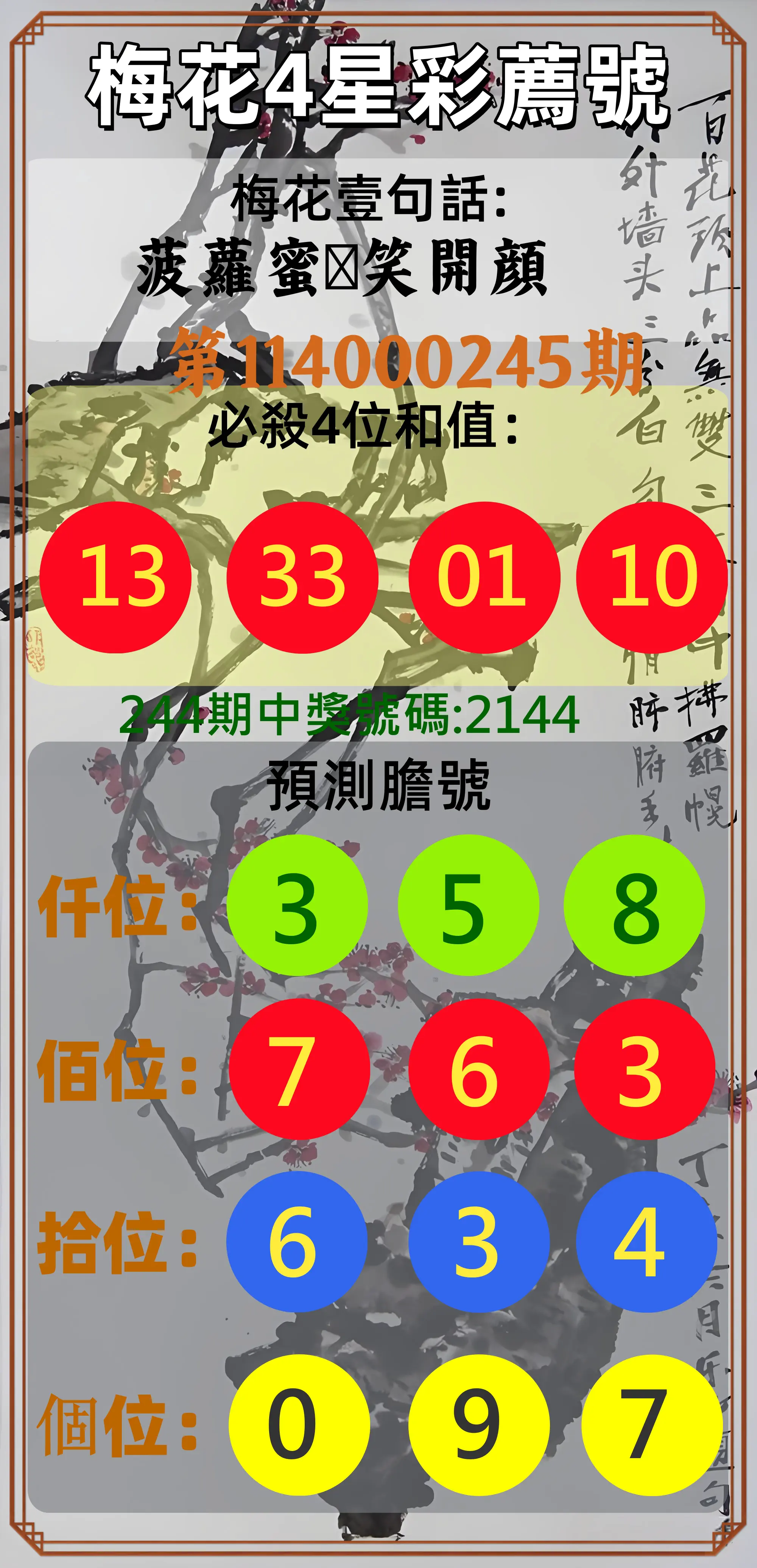 4星彩第114000245期(10/09)梅花4星彩薦號