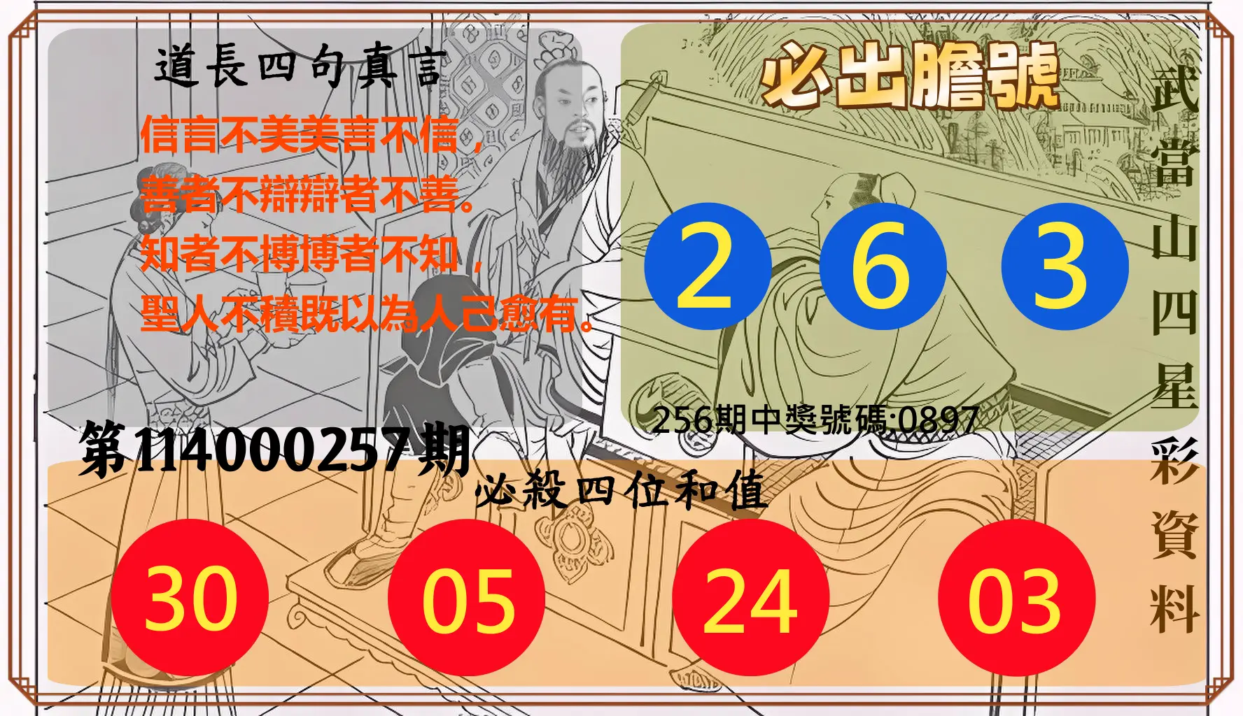 4星彩第114000257期(10/23)武當山四星彩資料