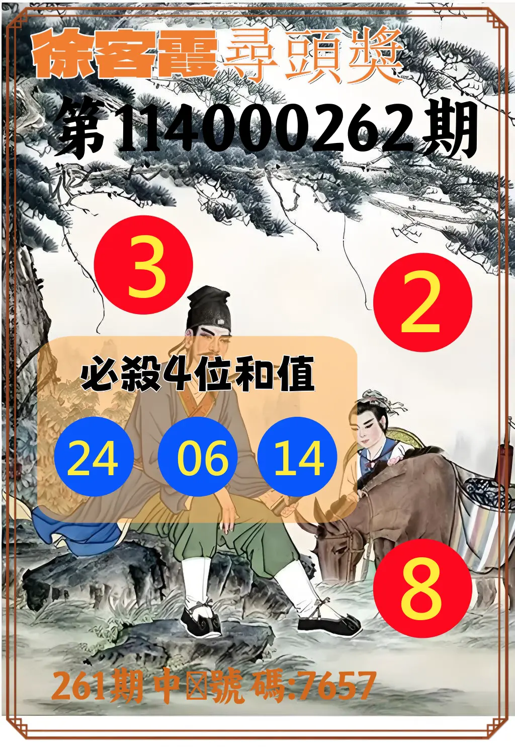 4星彩第114000262期(10/29)徐客霞尋頭獎