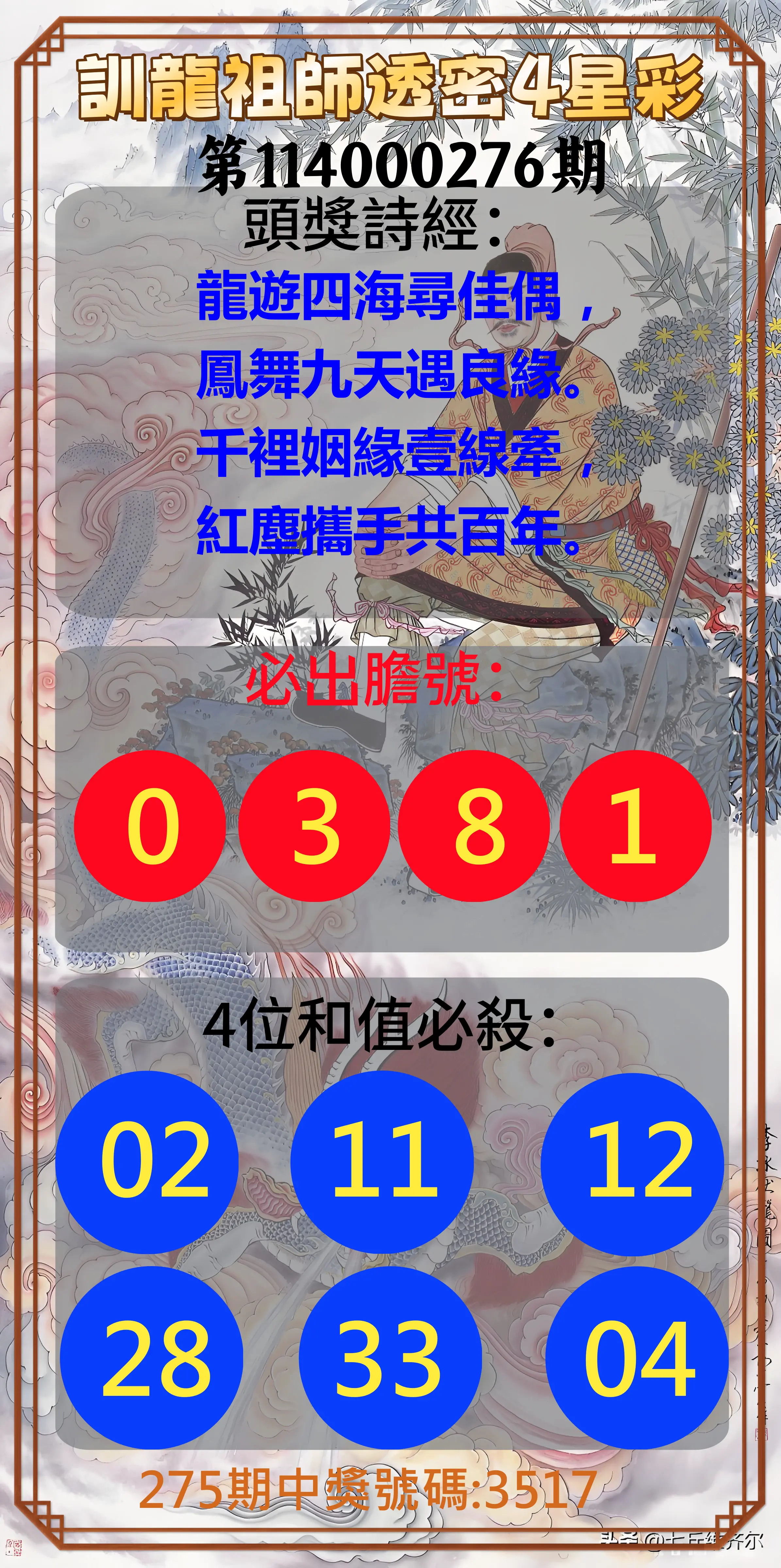 4星彩第114000276期(11/14)訓龍祖師透密4星彩