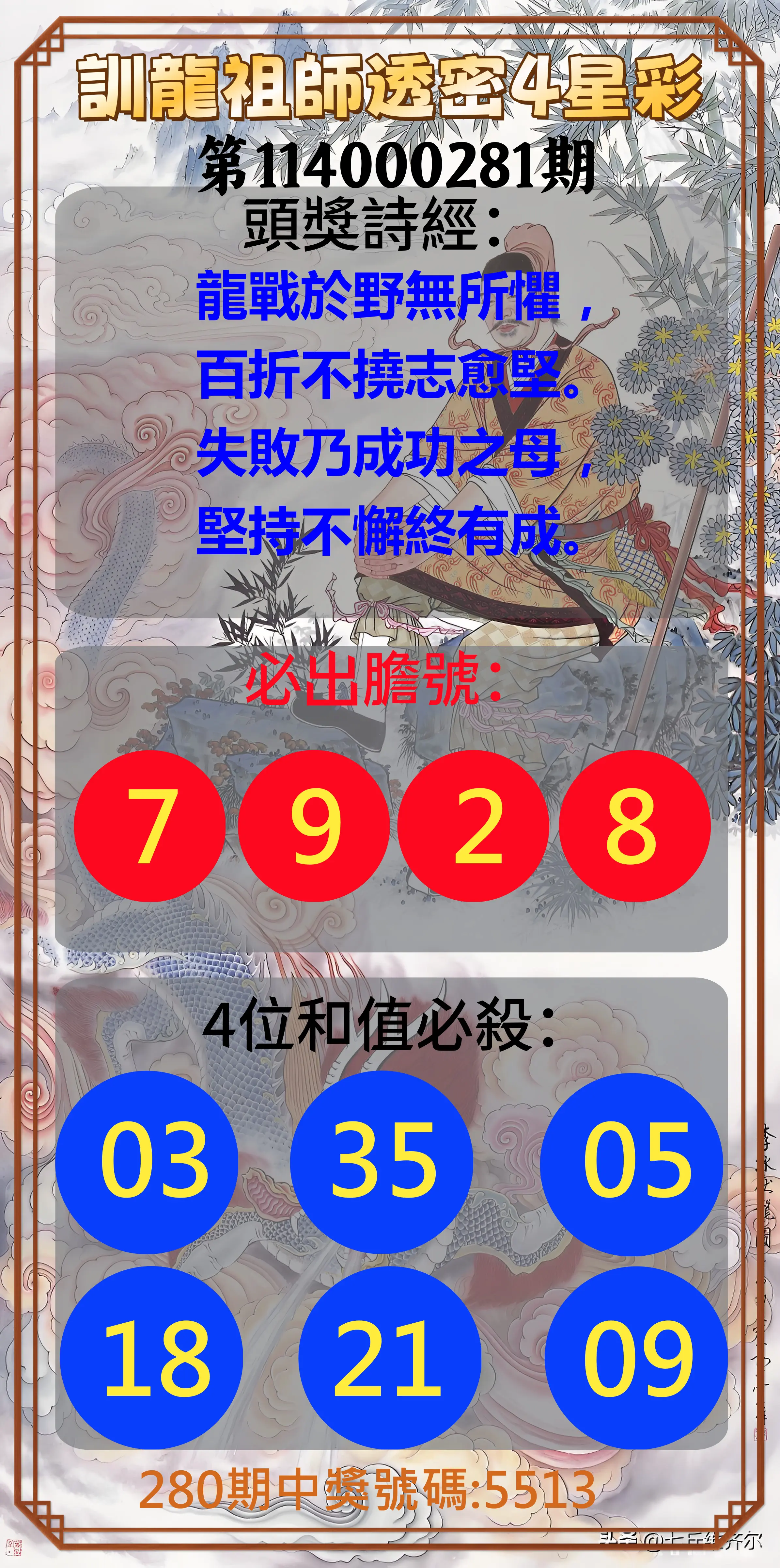4星彩第114000281期(11/20)訓龍祖師透密4星彩