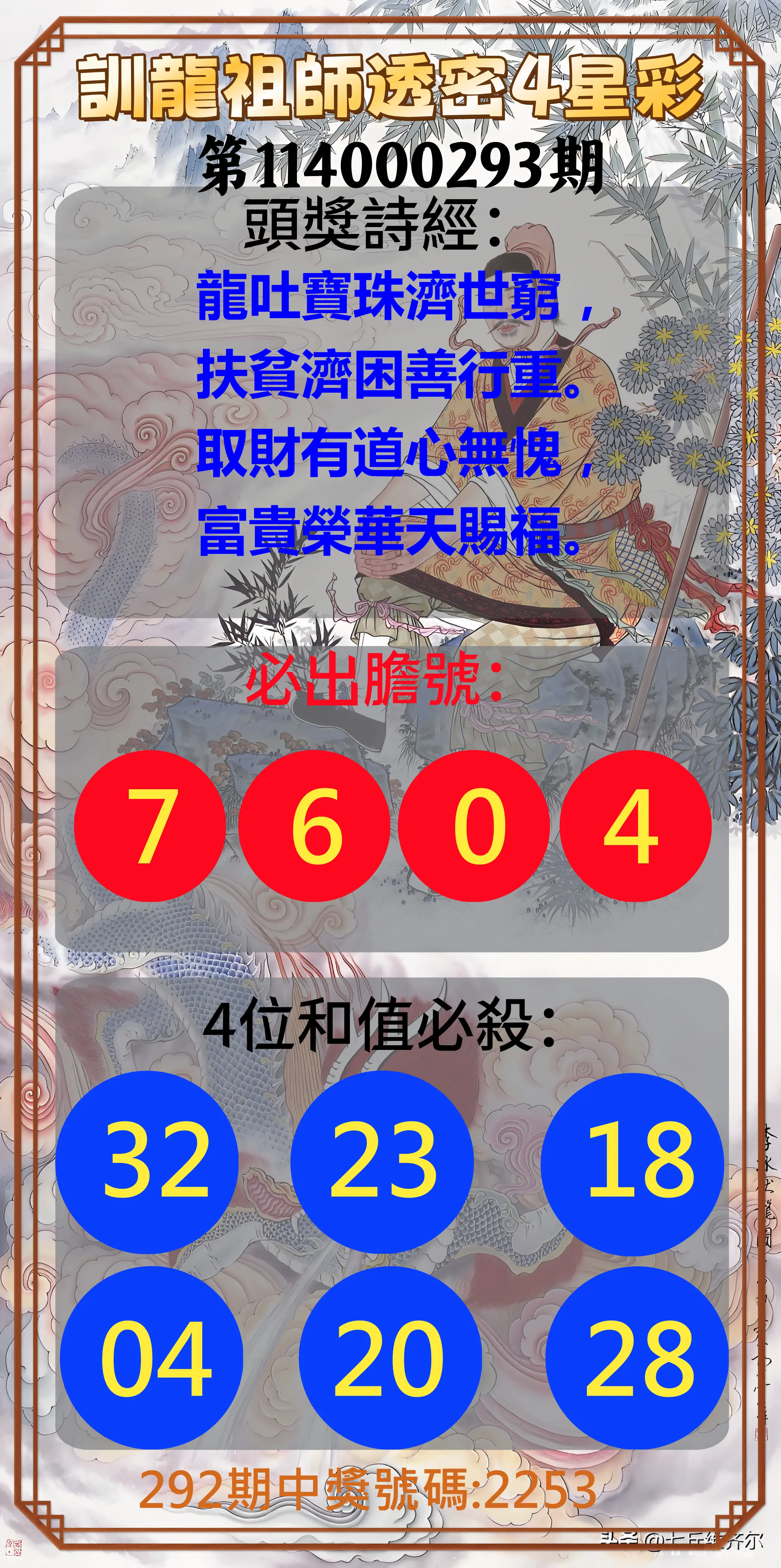 4星彩第114000293期(12/04)訓龍祖師透密4星彩