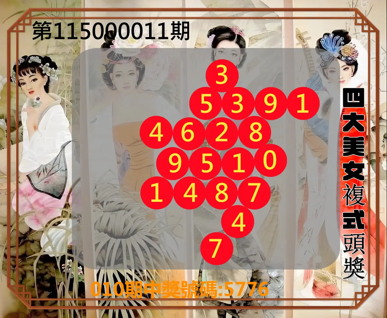 4星彩第115000011期(01/13)四大美女複式頭獎