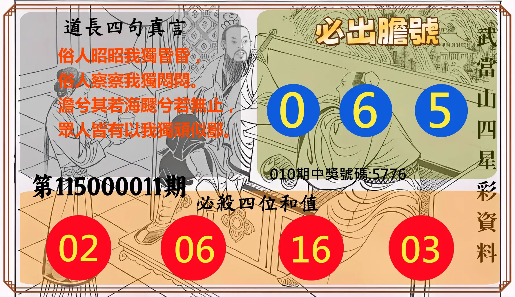 4星彩第115000011期(01/13)武當山四星彩資料