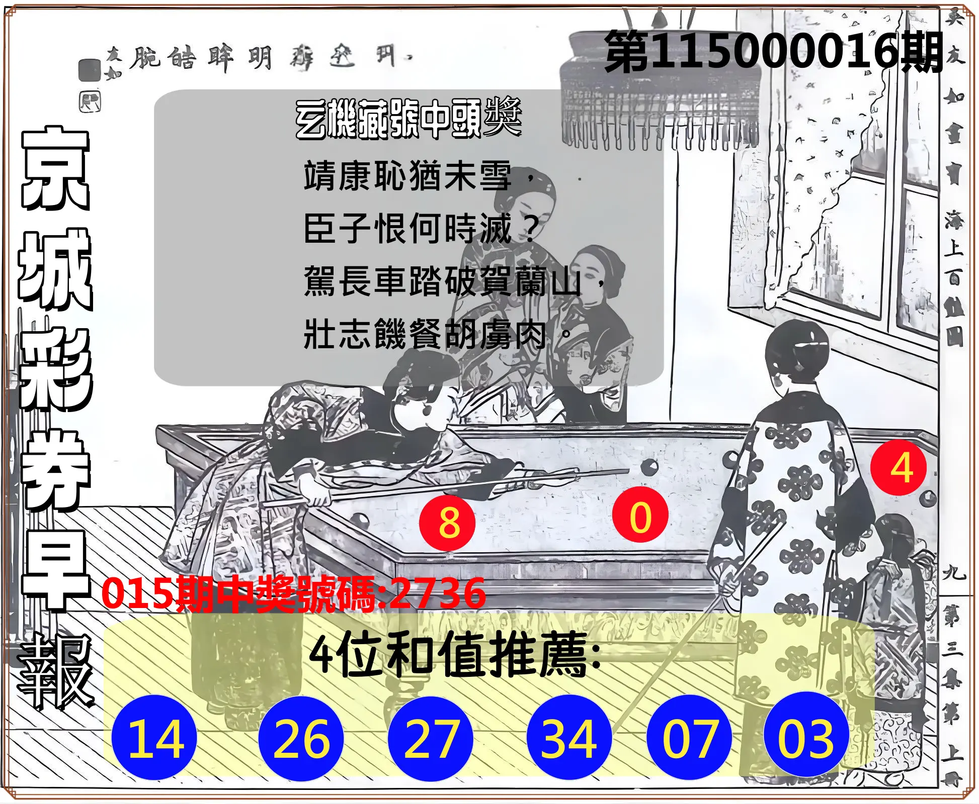 4星彩第115000016期(01/19)京城彩券早報