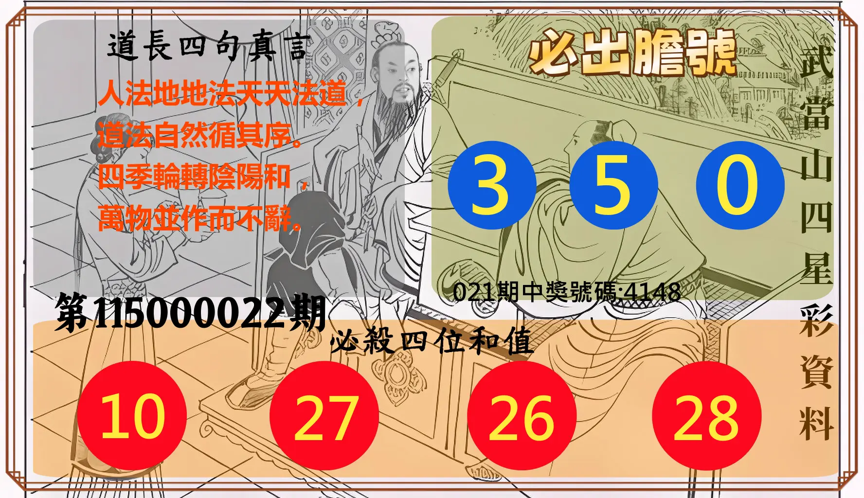 4星彩第115000022期(01/26)武當山四星彩資料