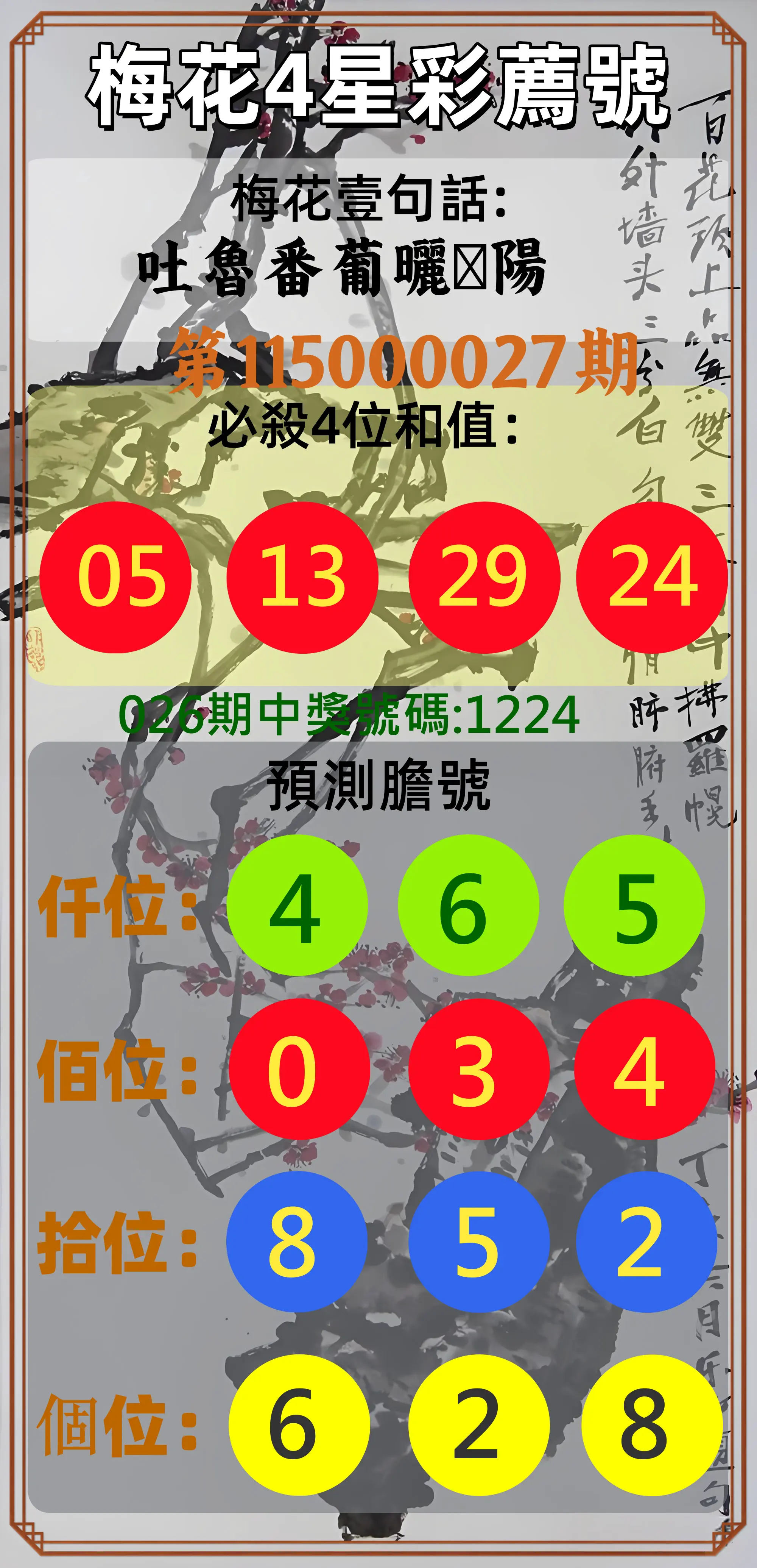 4星彩第115000027期(01/31)梅花4星彩薦號