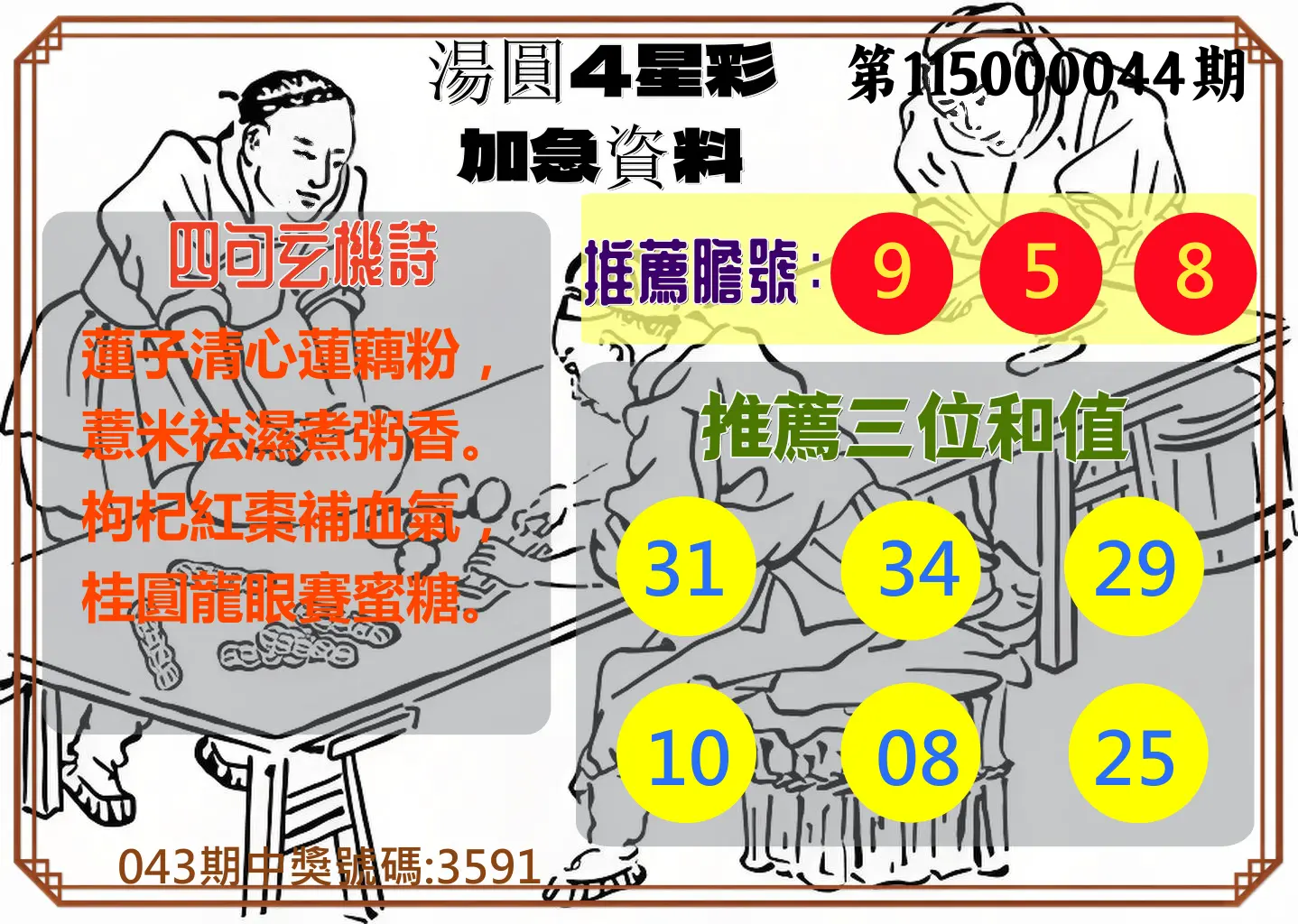 4星彩第115000044期(02/19)湯圓4星彩加急資料
