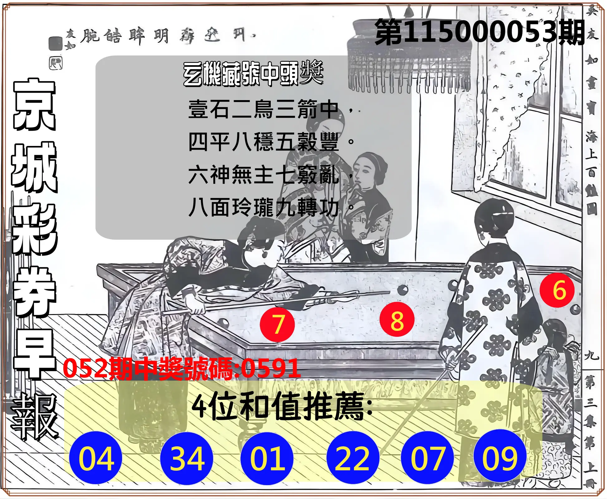 4星彩第115000053期(02/28)京城彩券早報