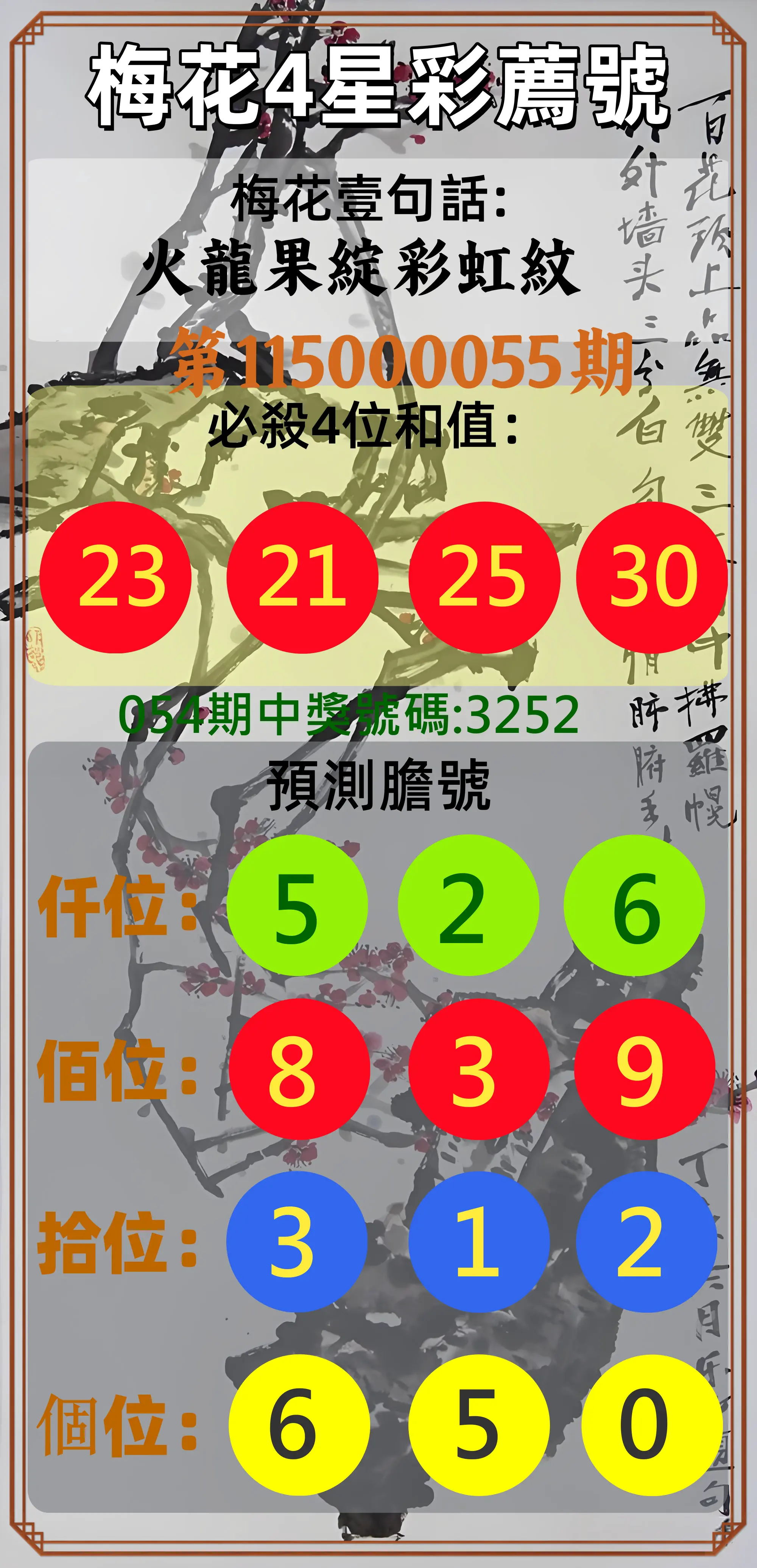 4星彩第115000055期(03/02)梅花4星彩薦號