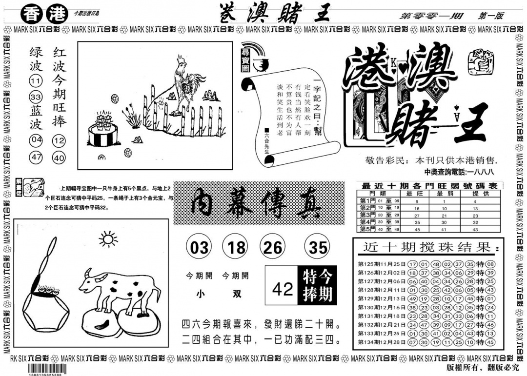 六合彩001期另版港澳赌王A(黑白)