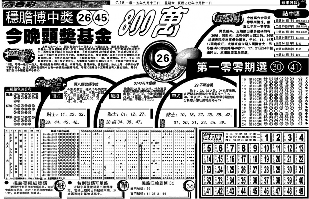 六合彩100期当日苹果日报(黑白)