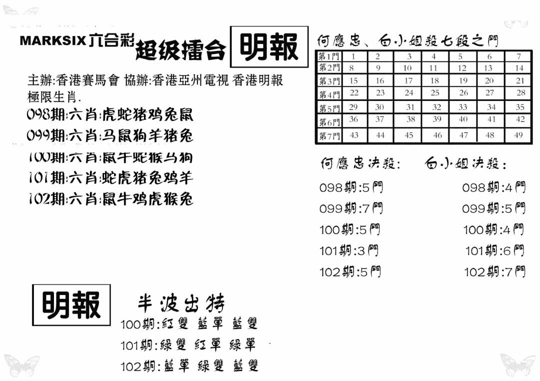 六合彩102期超级擂台(黑白)