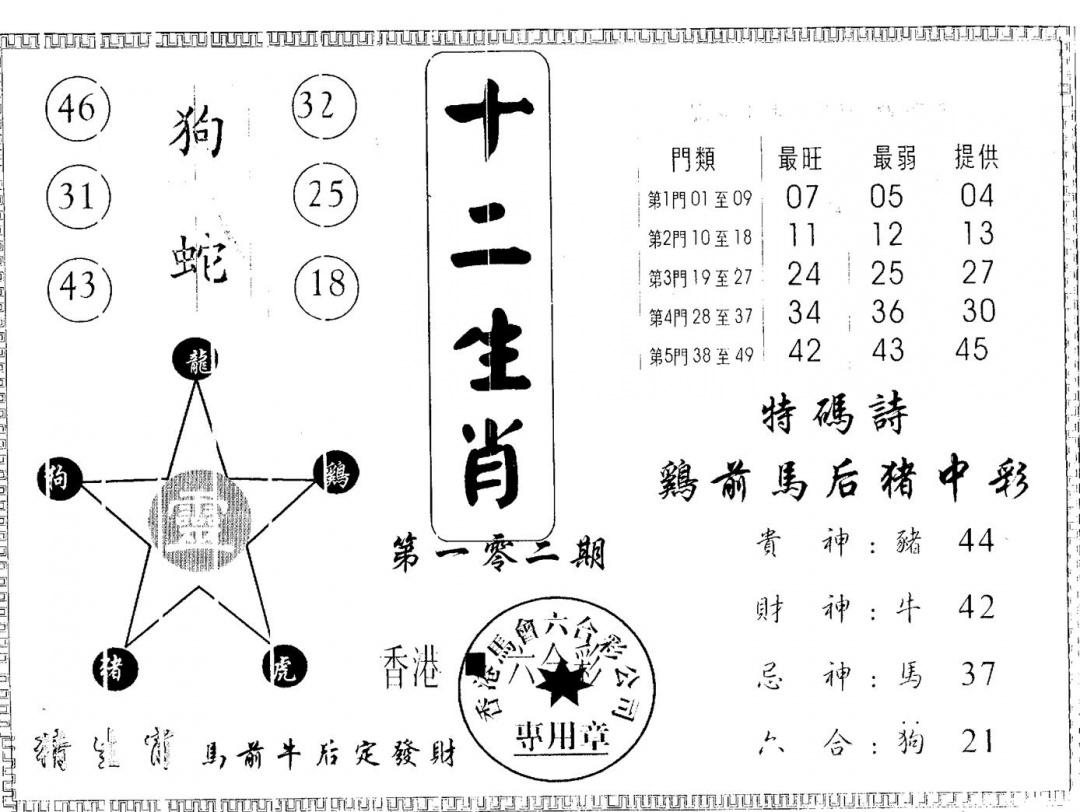 六合彩102期十二生肖(黑白)