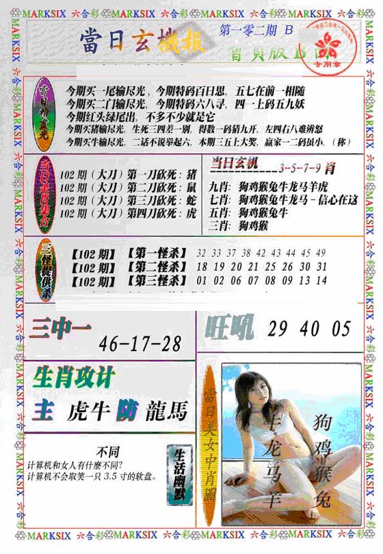 六合彩102期当日特码玄机B(新)(黑白)