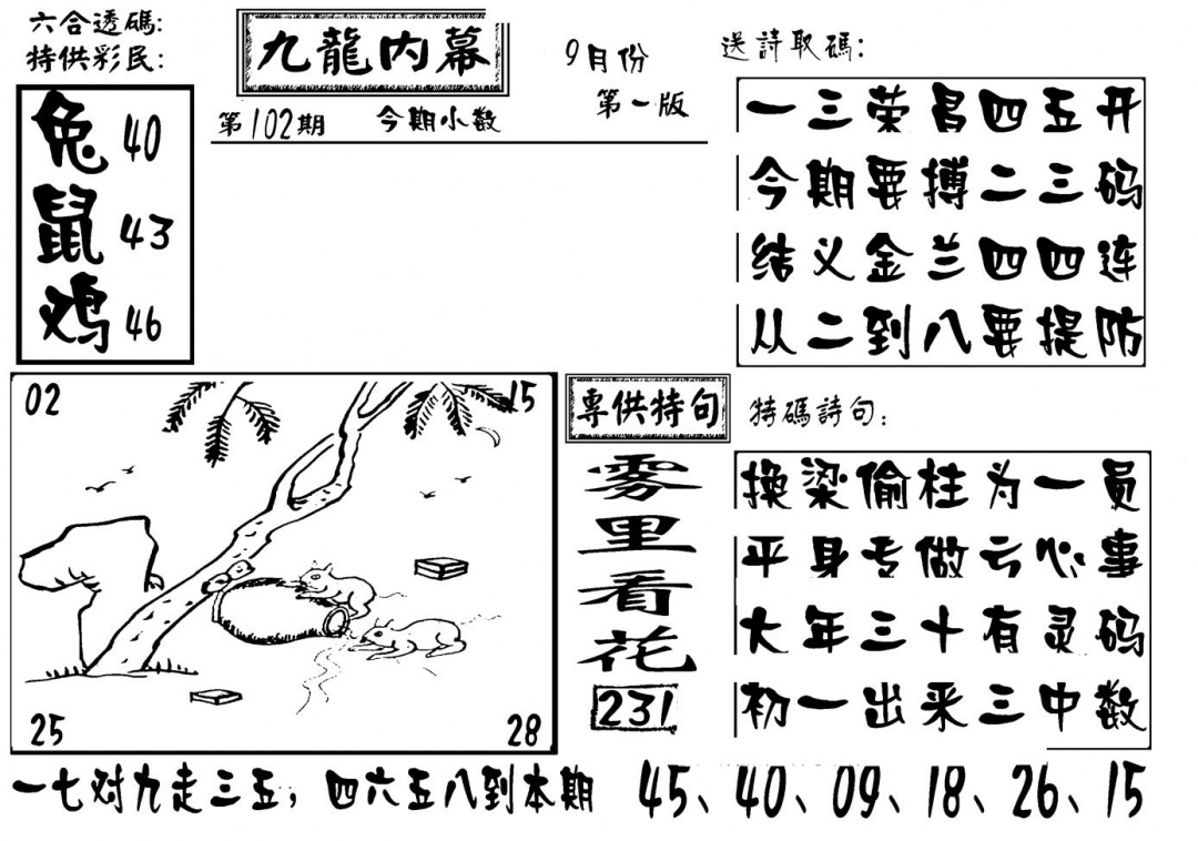 六合彩102期香港九龙传真-3(新图)(黑白)