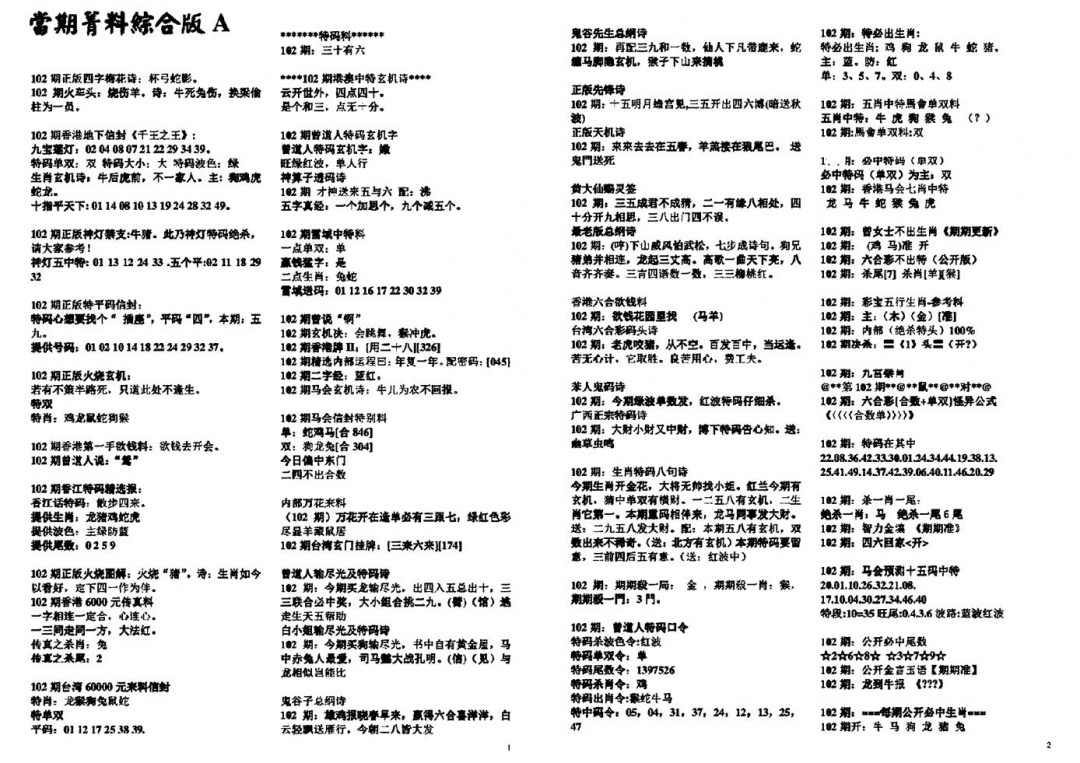 六合彩102期投资指南(黑白)