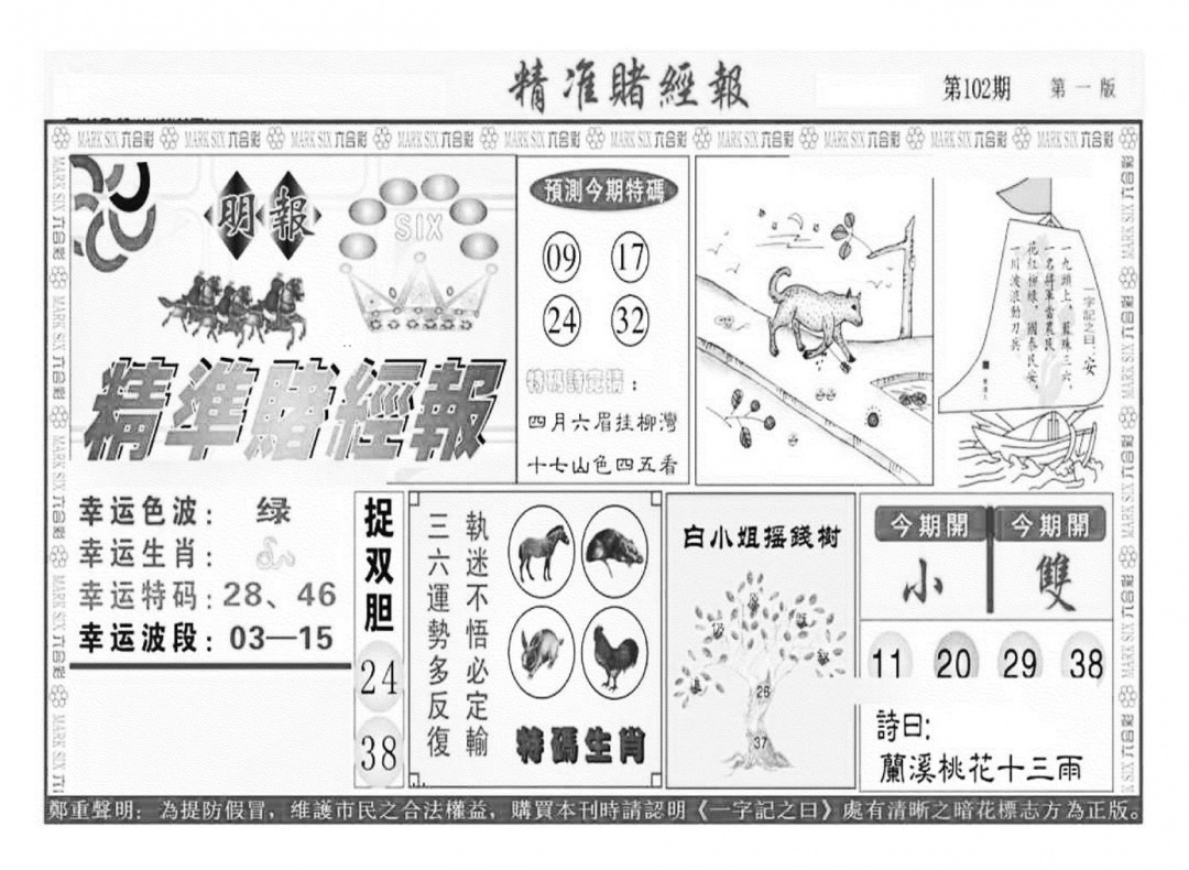 六合彩102期精准赌经报A（新图）(黑白)
