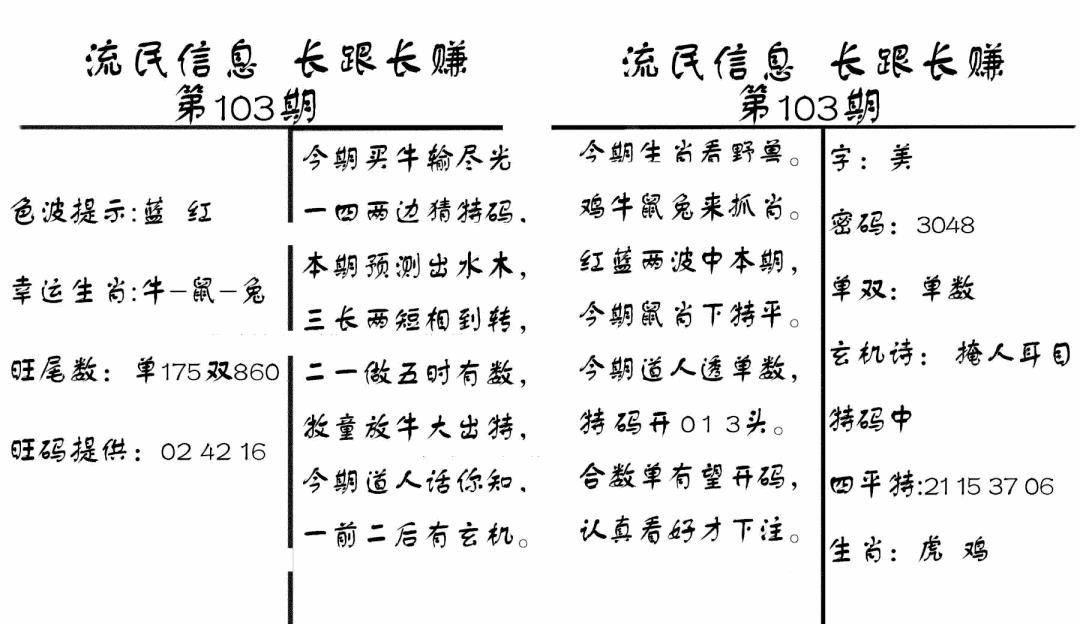 六合彩103期流民信息(黑白)