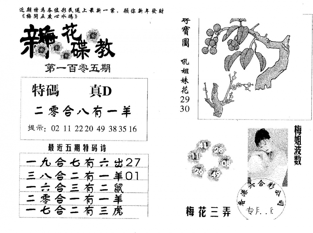 六合彩105期新花碟教(黑白)