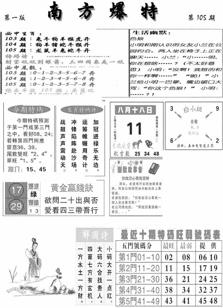 六合彩105期南方爆特A(新图)(黑白)