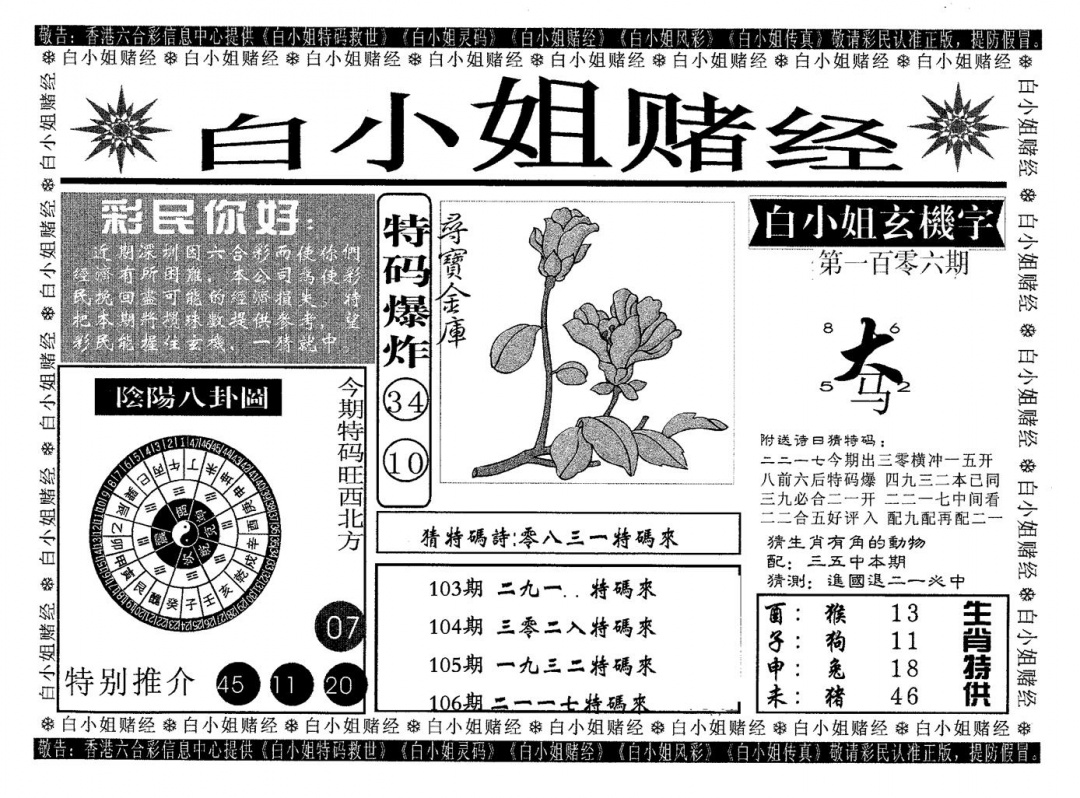 六合彩106期白姐赌经(黑白)